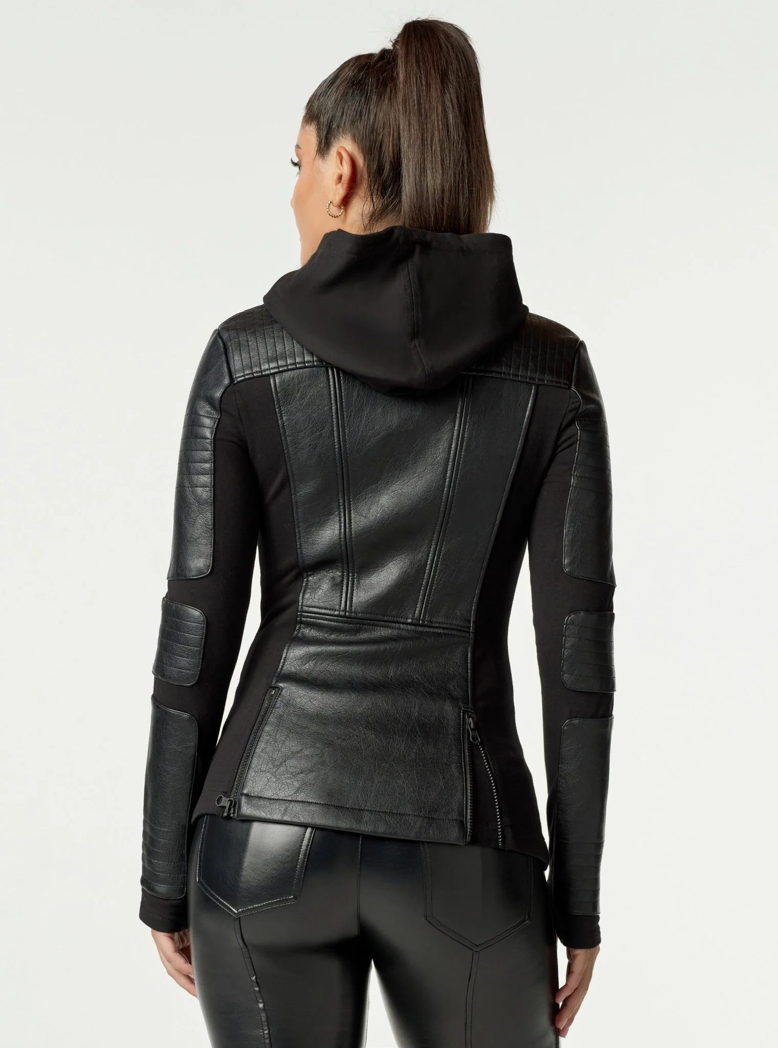 Asym Vegan Leather Hooded Moto - Black Bonded French Terry - Image 12