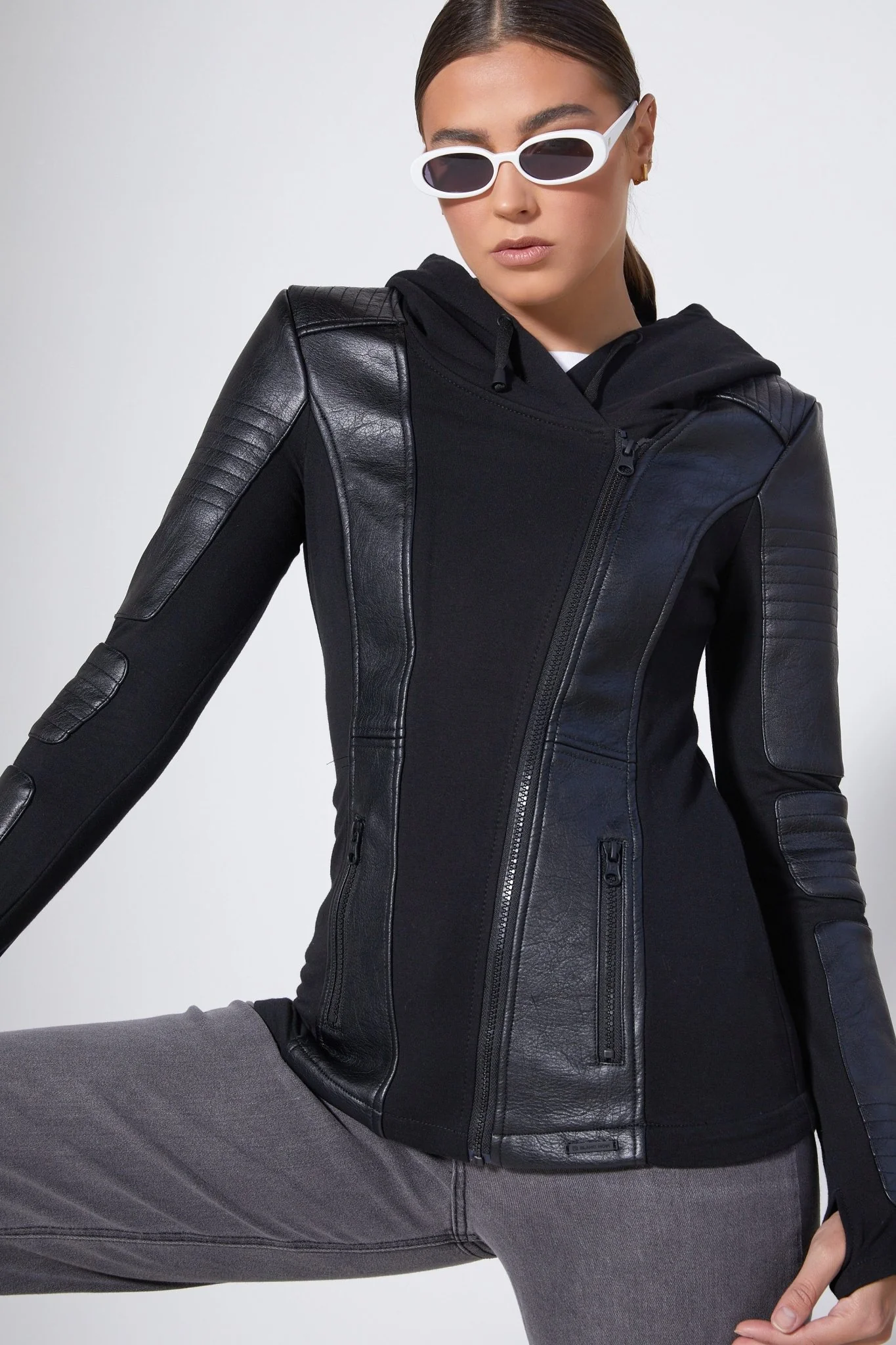 Asym Vegan Leather Hooded Moto - Black Bonded French Terry - Image 9