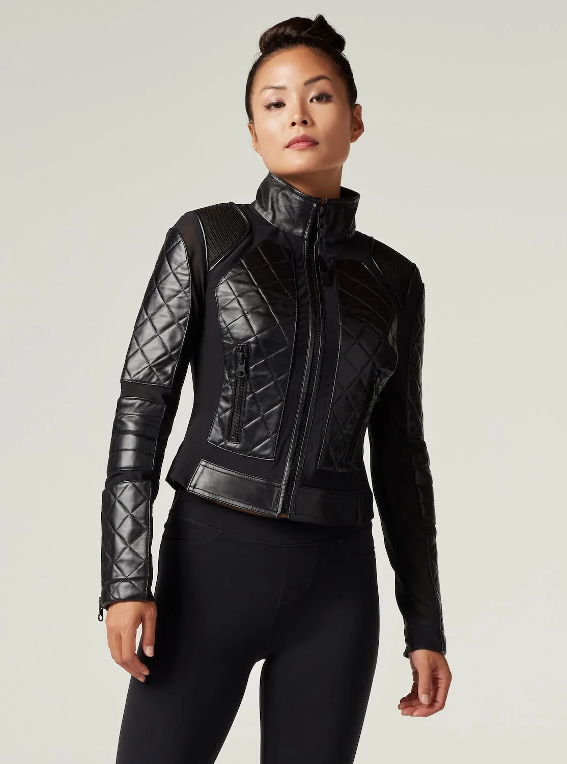 Classic Black Quilted Genuine Leather Mesh Moto Jacket - Image 3