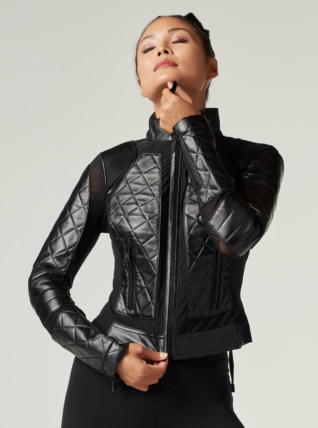 Classic Black Quilted Genuine Leather Mesh Moto Jacket - Image 4