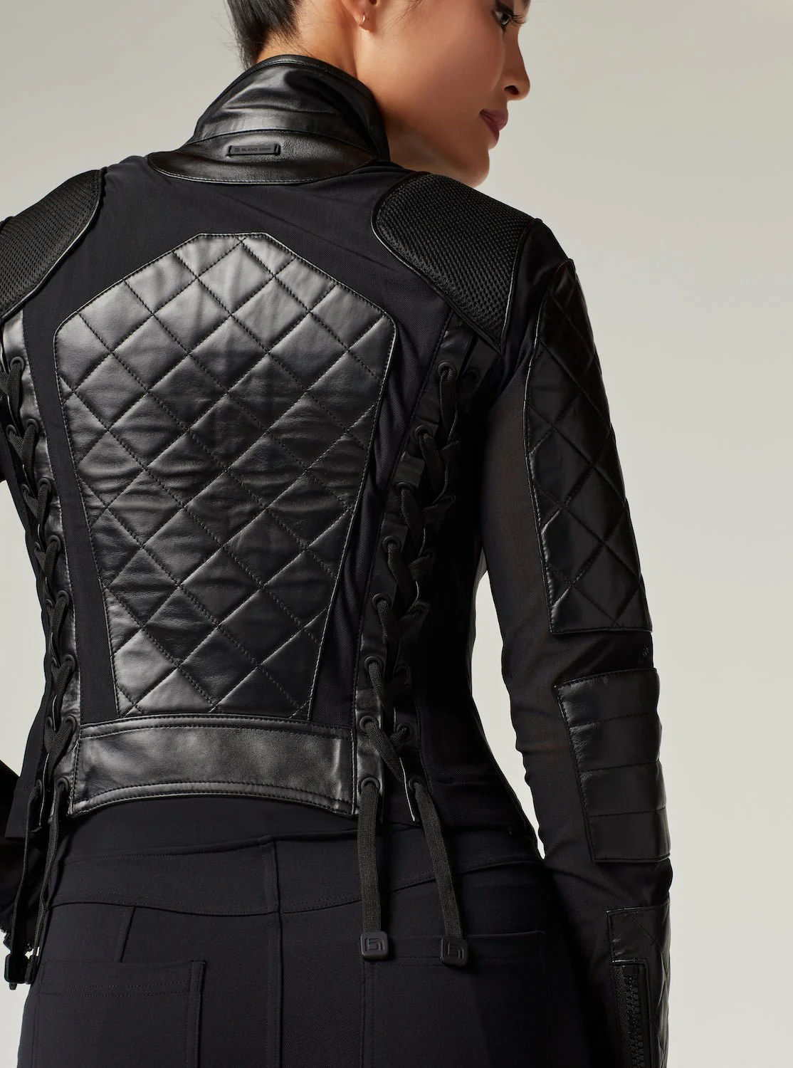 Classic Black Quilted Genuine Leather Mesh Moto Jacket - Image 7