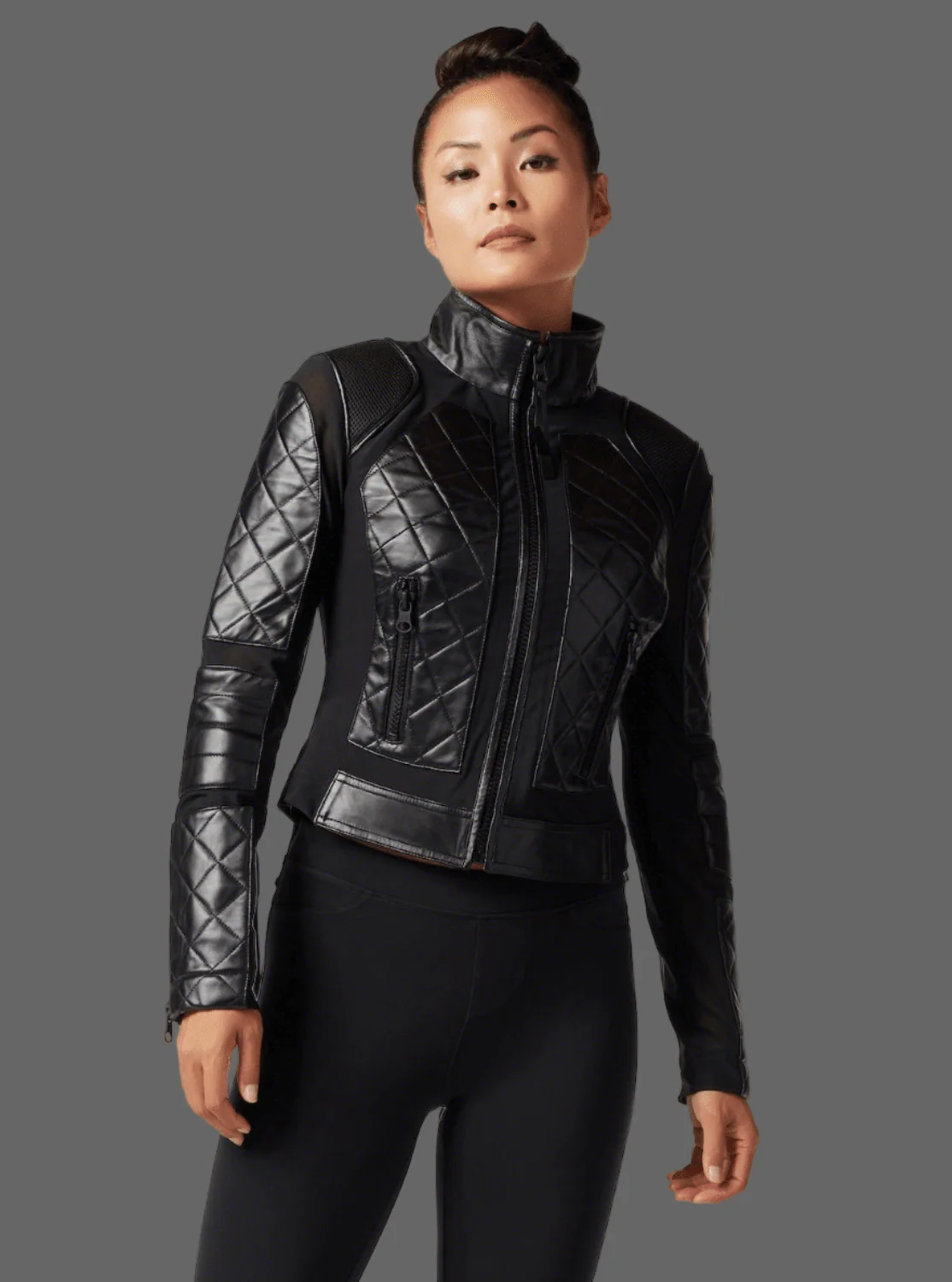 Classic Black Quilted Genuine Leather Mesh Moto Jacket - Image 9