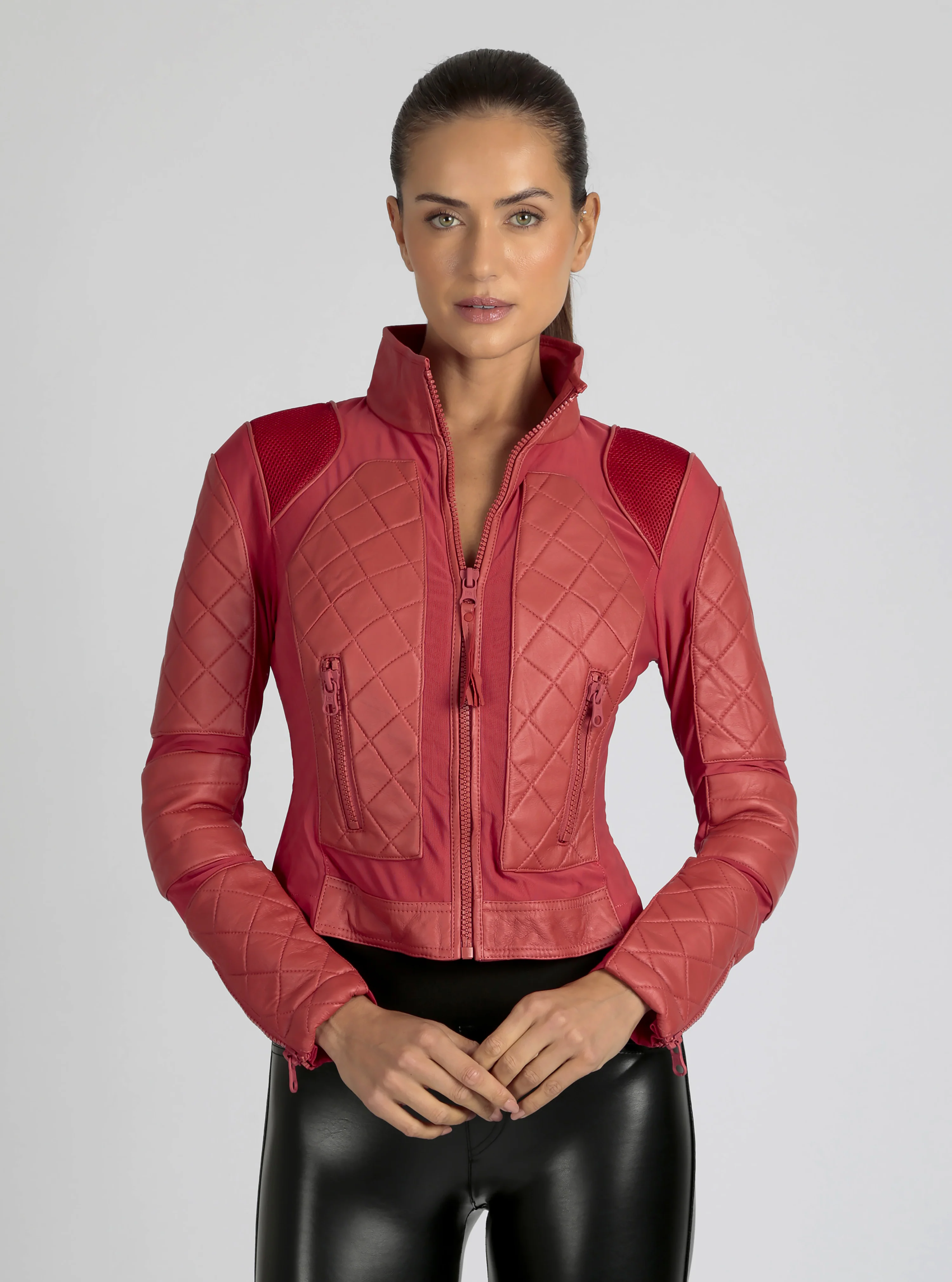 Classic Leather Mesh Moto Jacket Azure or Watermelon (Cranberry) - Image 11