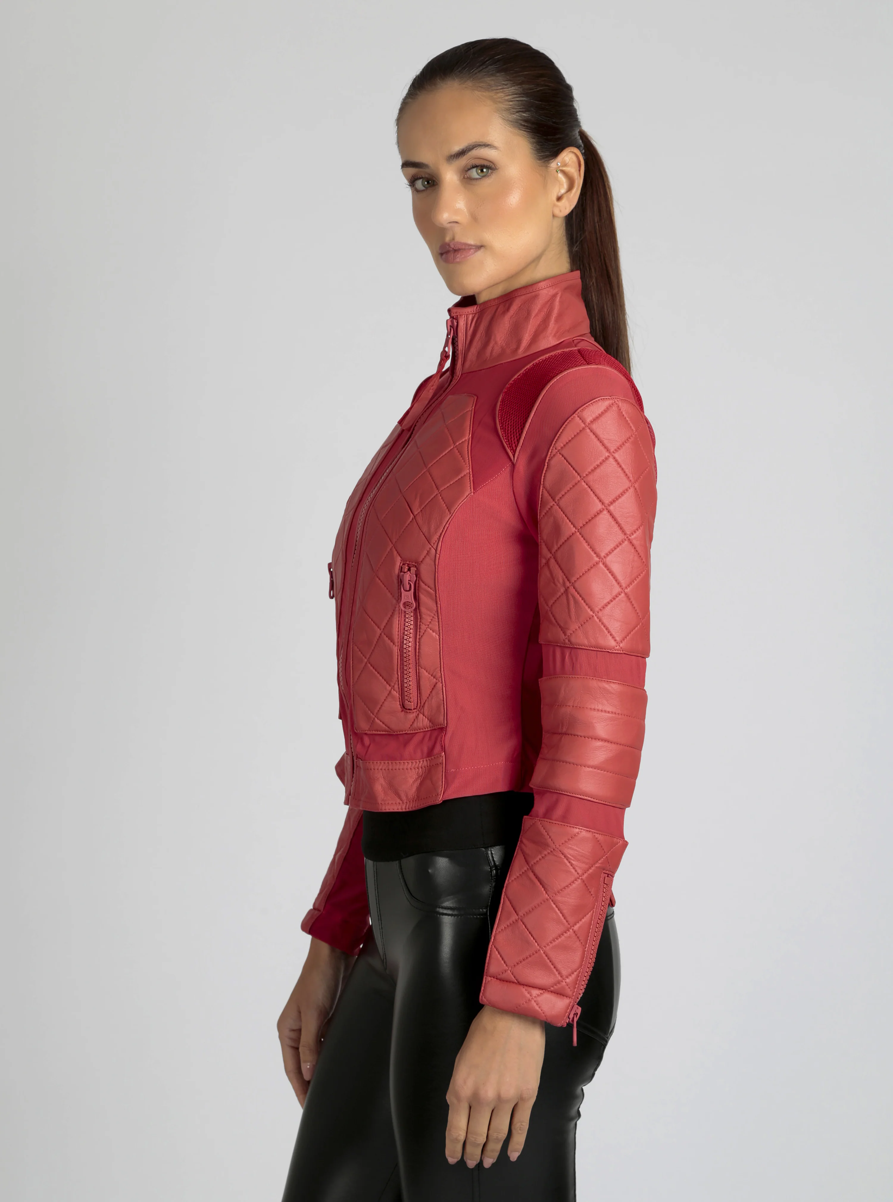 Classic Leather Mesh Moto Jacket Azure or Watermelon (Cranberry) - Image 13