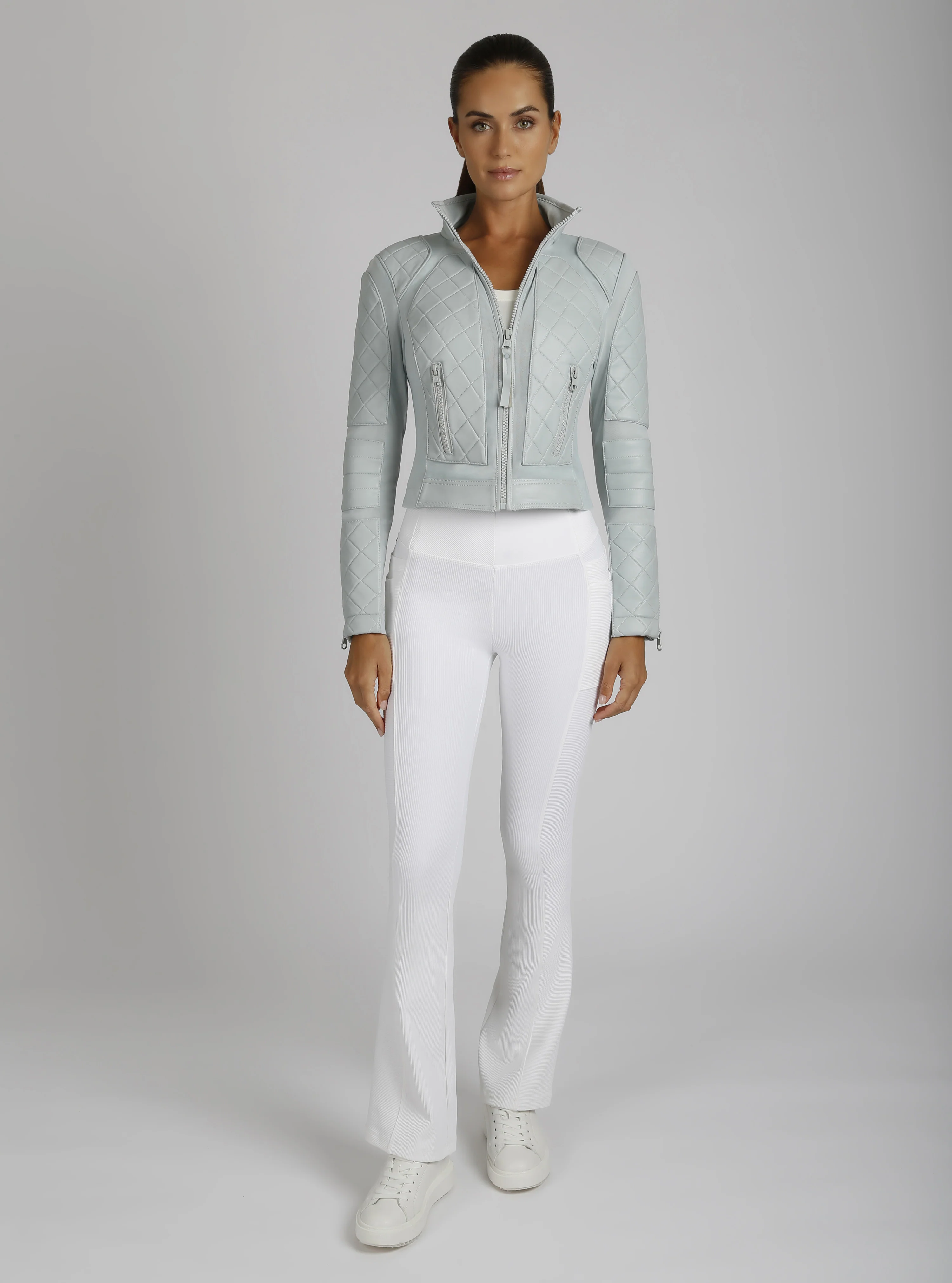 Classic Leather Mesh Moto Jacket - Pearl Blue or Orchid Tint - Image 10