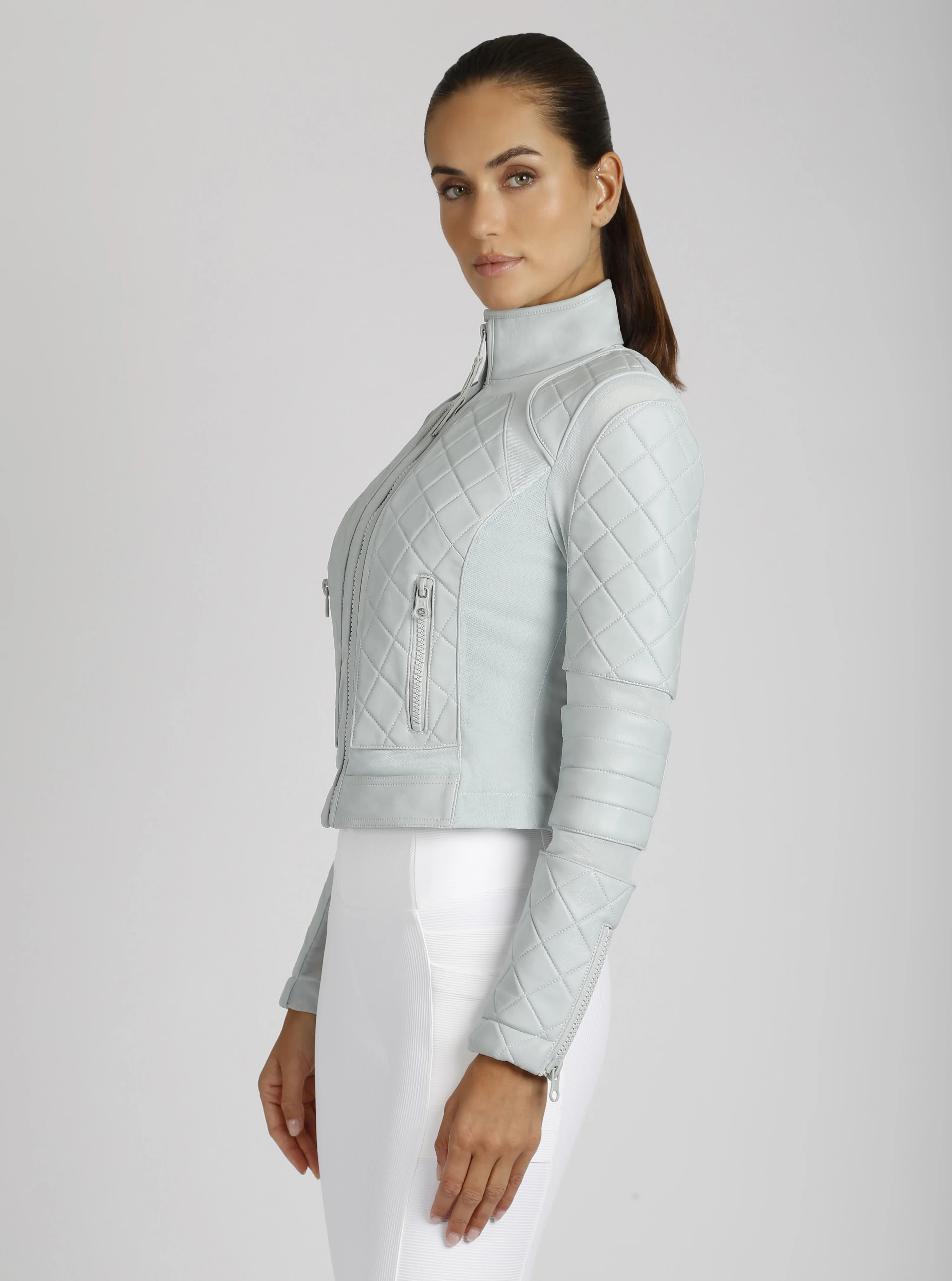 Classic Leather Mesh Moto Jacket - Pearl Blue or Orchid Tint - Image 8