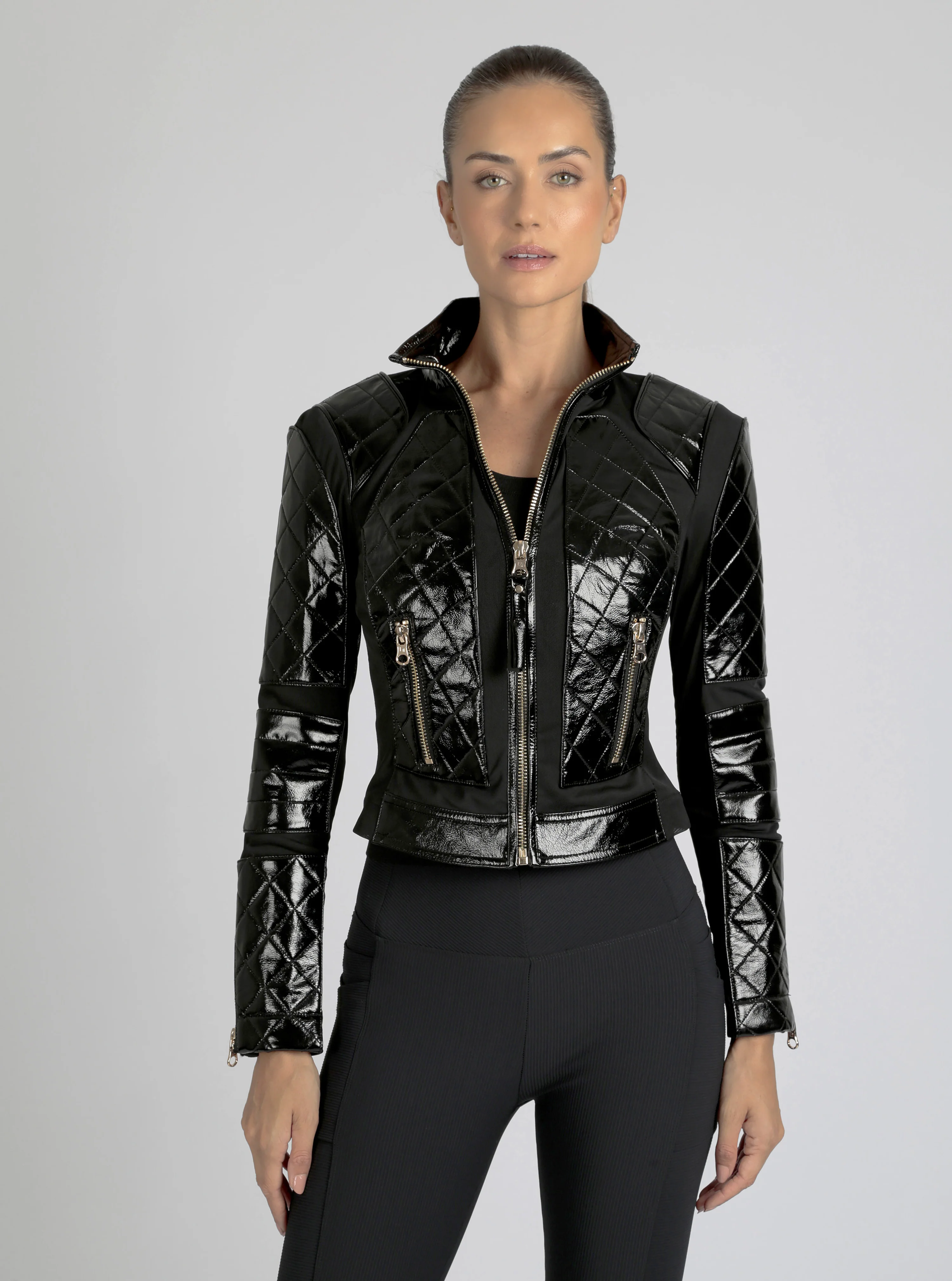 Crushed Patent Leather Gold Trims Mesh Moto - Black - Image 3