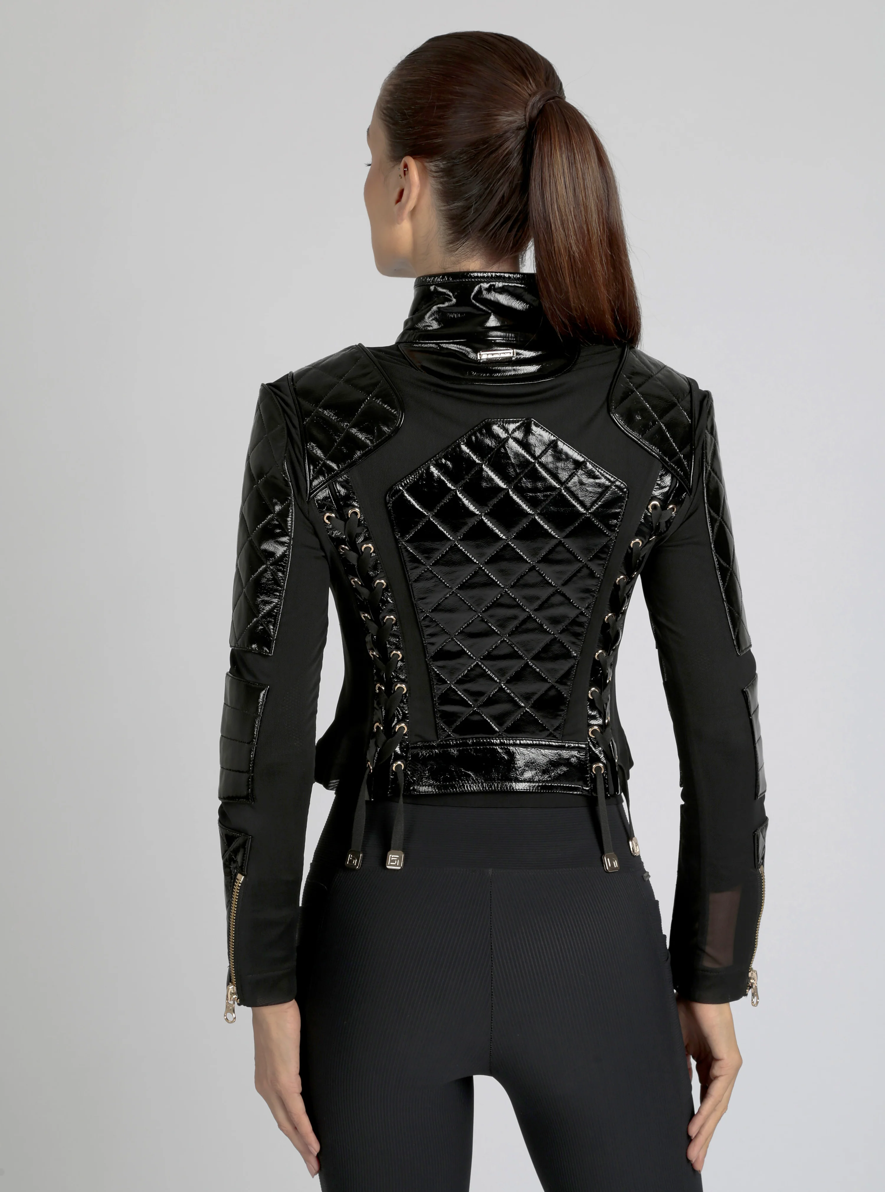 Crushed Patent Leather Gold Trims Mesh Moto - Black - Image 4