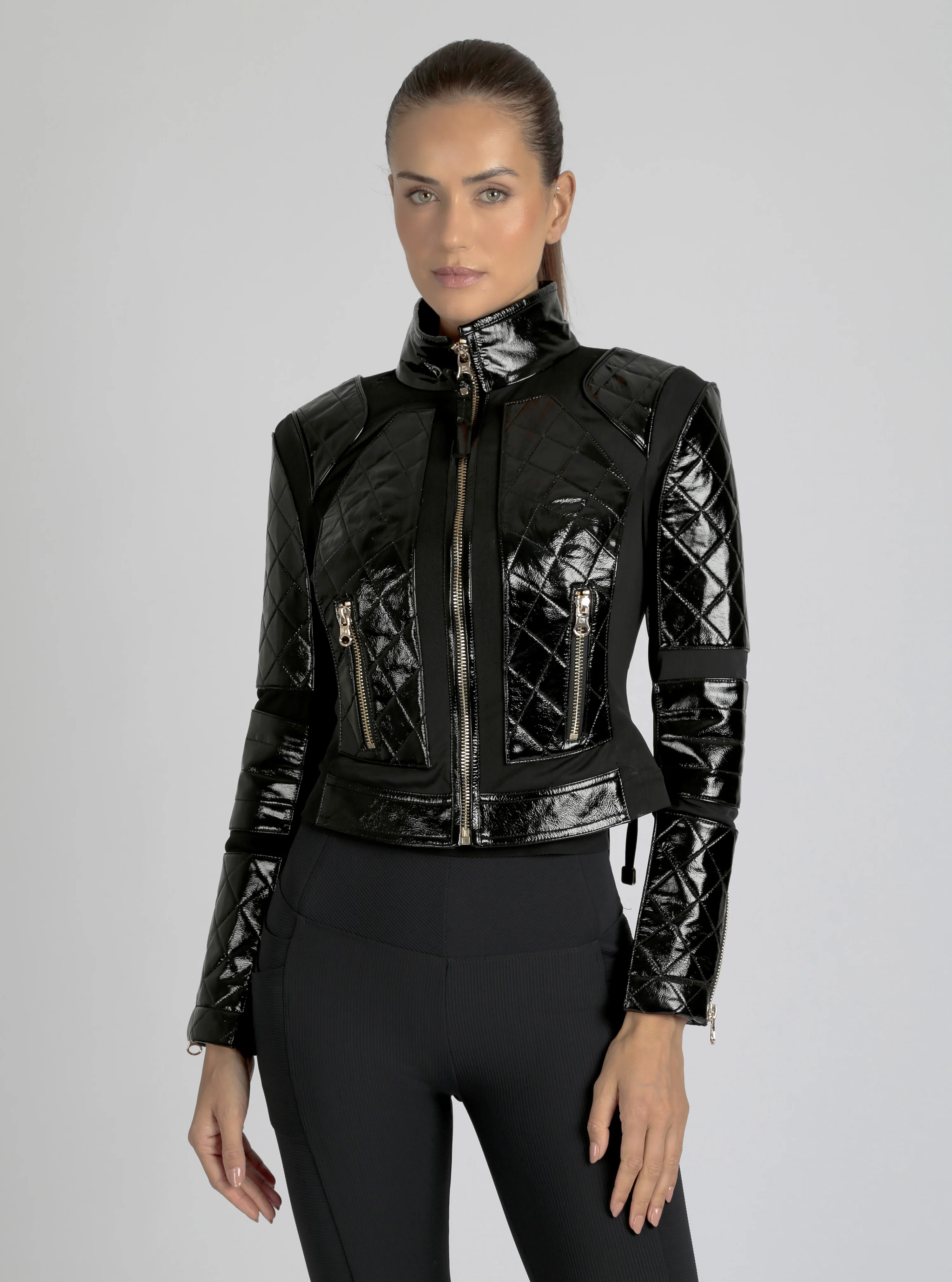 Crushed Patent Leather Gold Trims Mesh Moto - Black - Image 6
