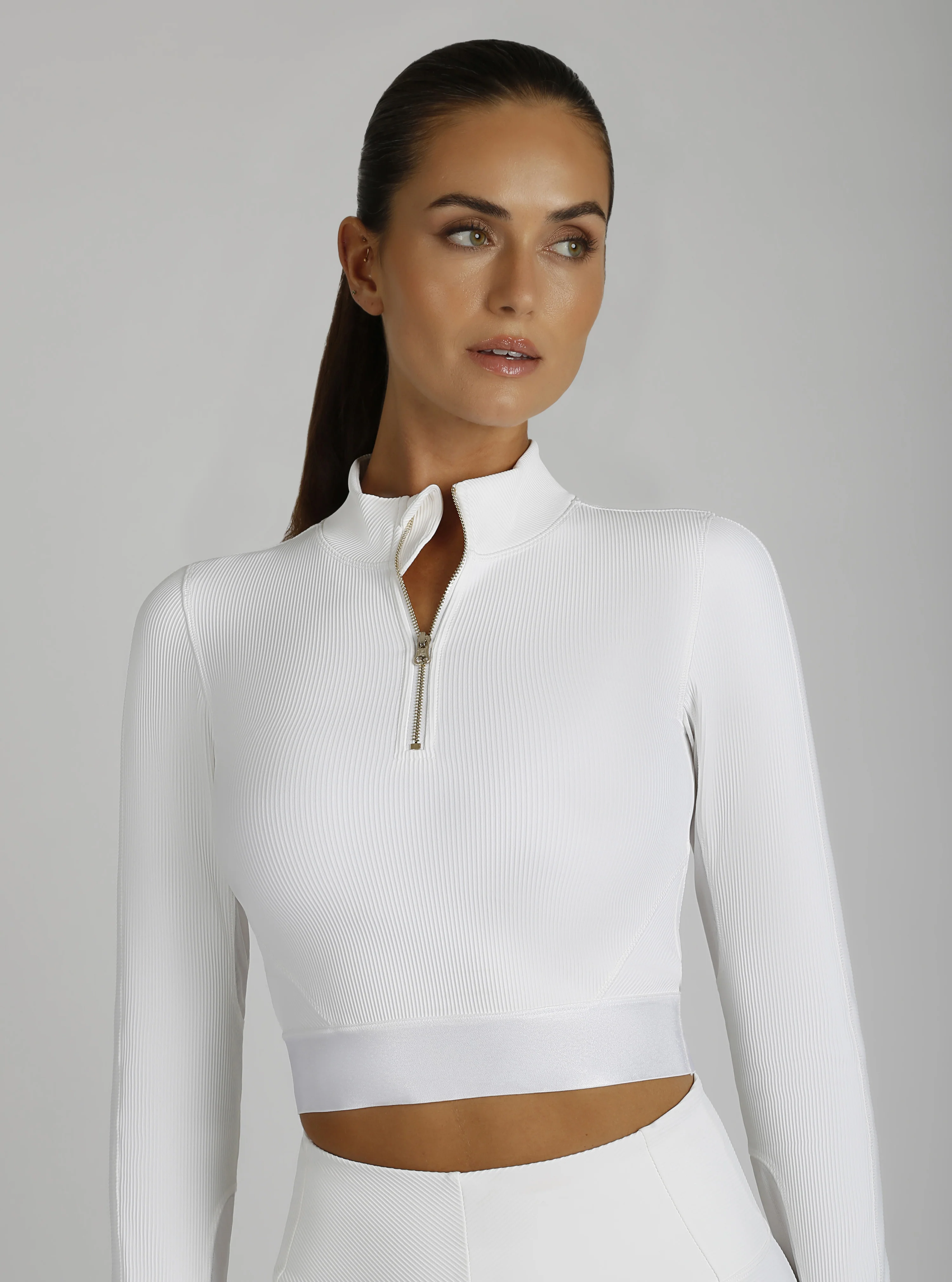 Directional Rib Activewear Gold Trims Zip Neck Top: Optic White or Pumice - Image 4
