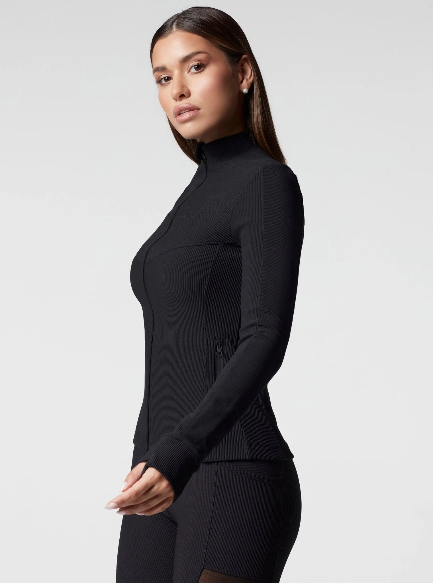 Directional Rib Fitted Activewear Jacket - Black - Image 12