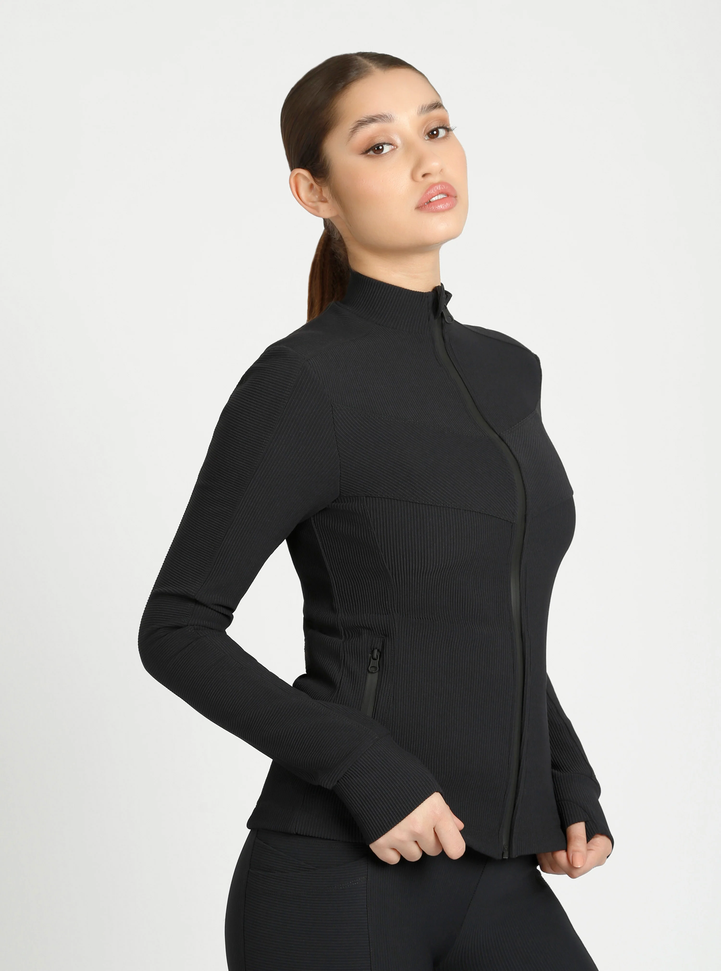 Directional Rib Fitted Activewear Jacket - Black - Image 9