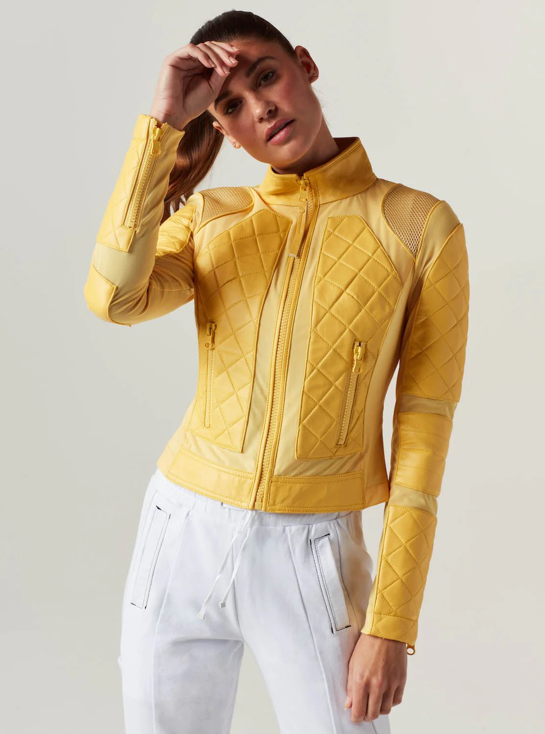 Genuine Classic Leather Mesh Moto Jacket - Sunshine Yellow/Goldfinch with Lace Up Back - Image 3