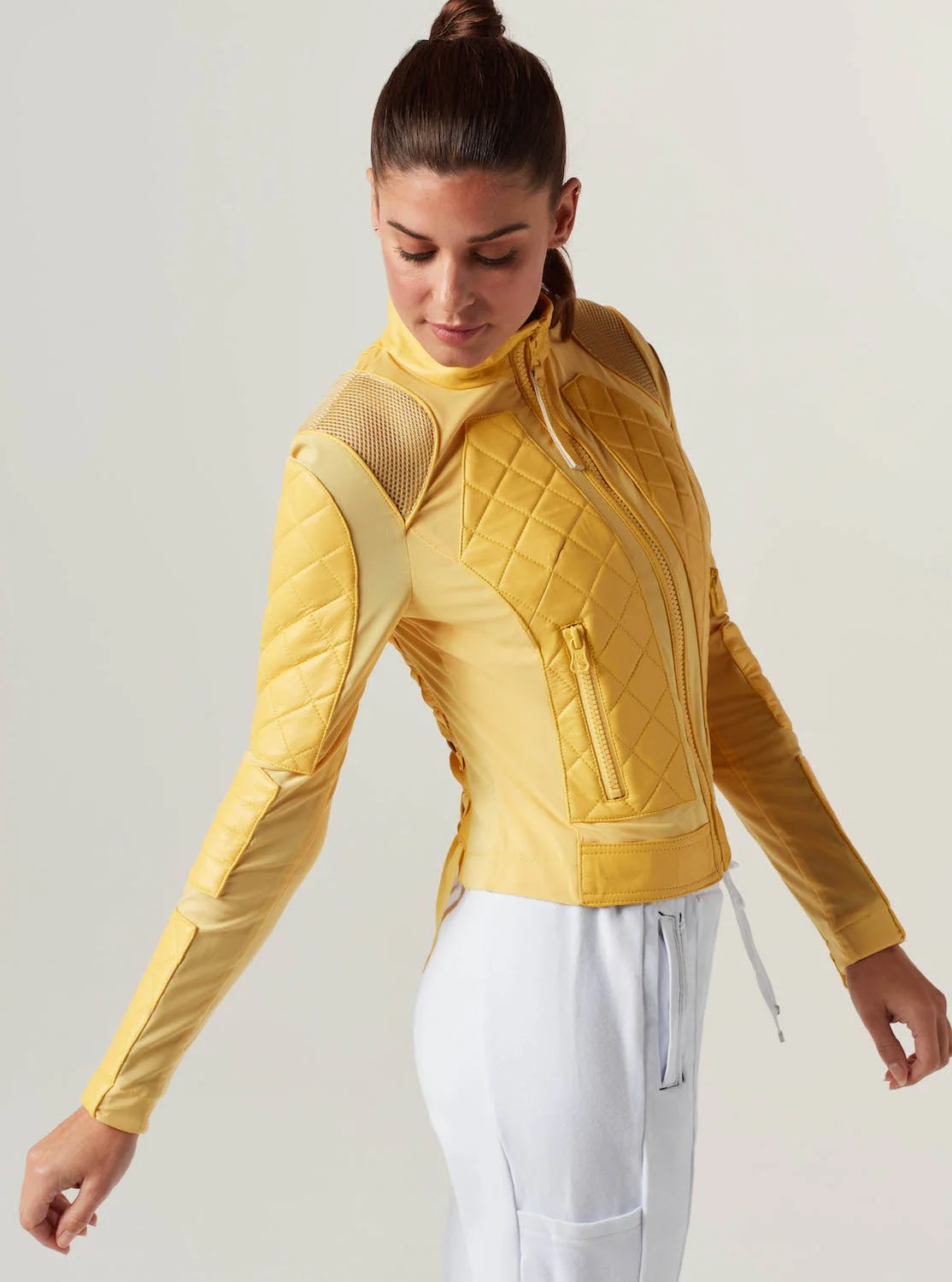 Genuine Classic Leather Mesh Moto Jacket - Sunshine Yellow/Goldfinch with Lace Up Back - Image 5