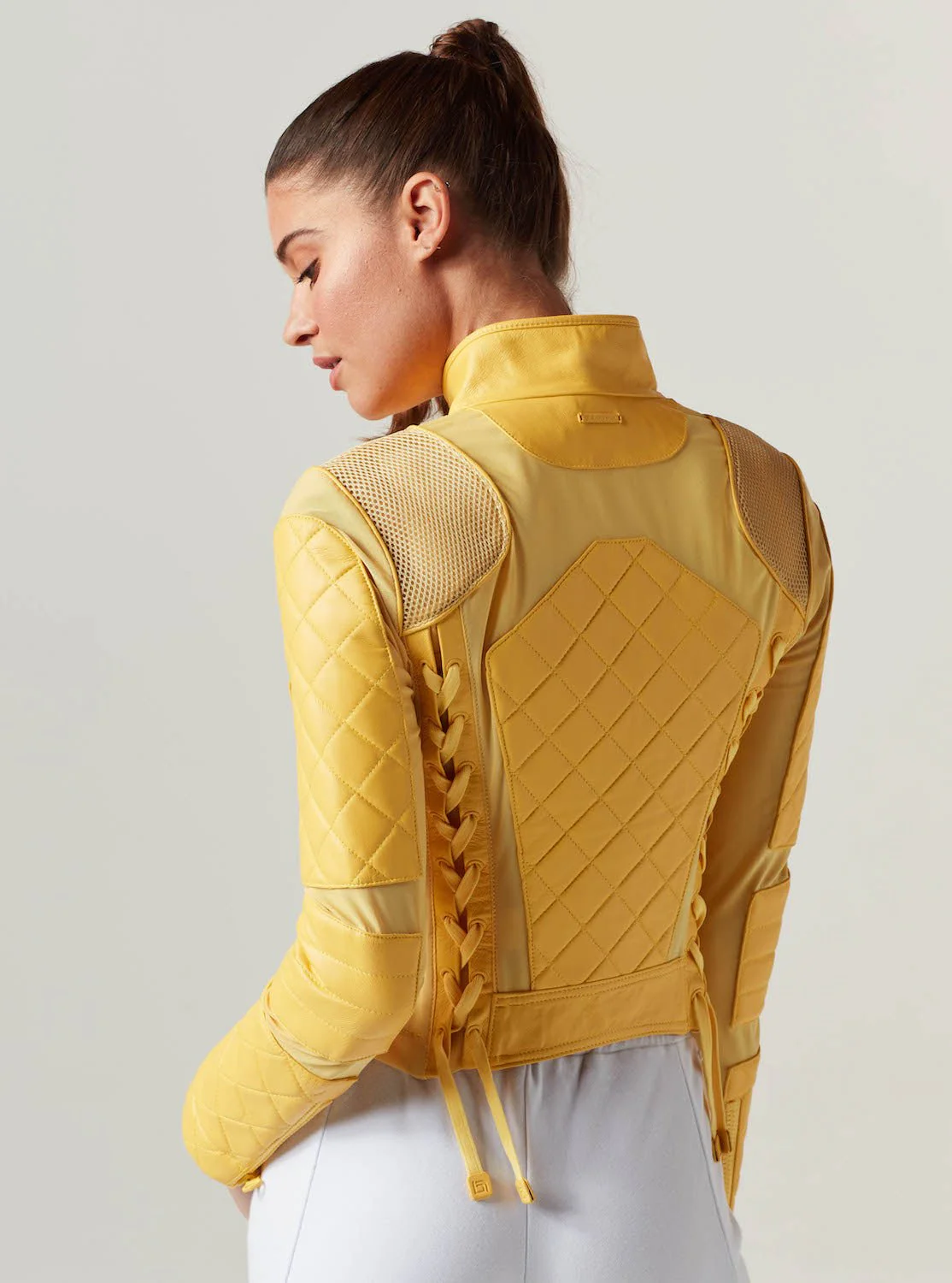 Genuine Classic Leather Mesh Moto Jacket - Sunshine Yellow/Goldfinch with Lace Up Back - Image 6