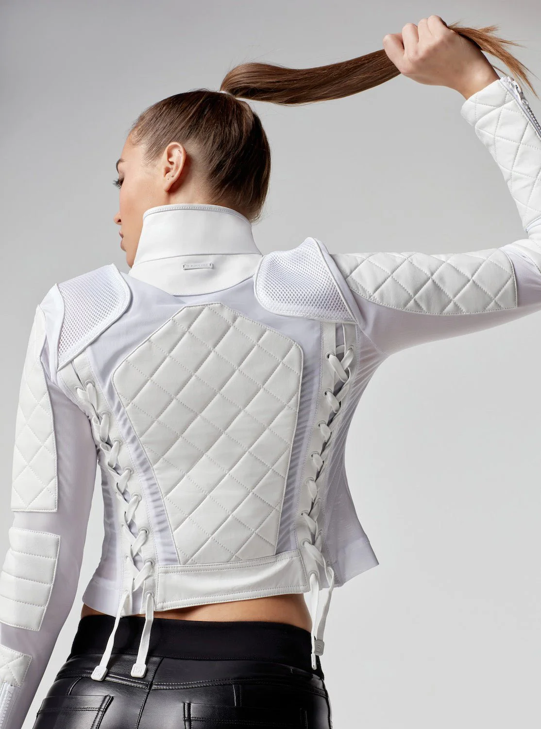 Genuine Classic Leather Mesh Moto Jacket with Lace Up Back - White - Image 4