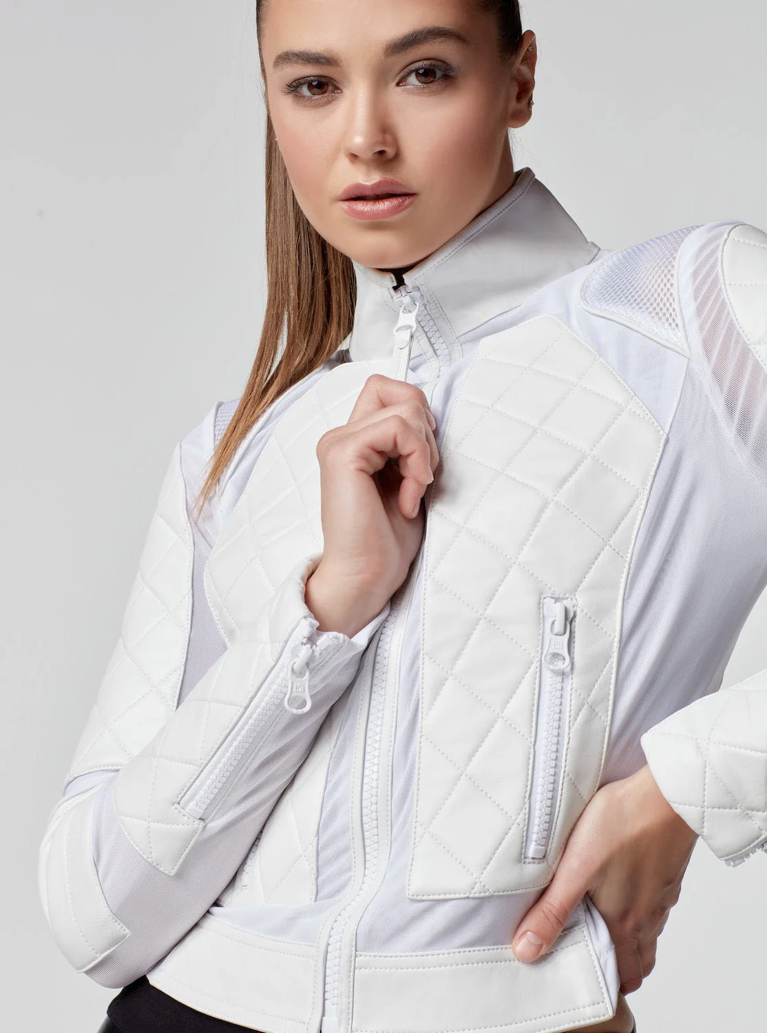Genuine Classic Leather Mesh Moto Jacket with Lace Up Back - White - Image 5