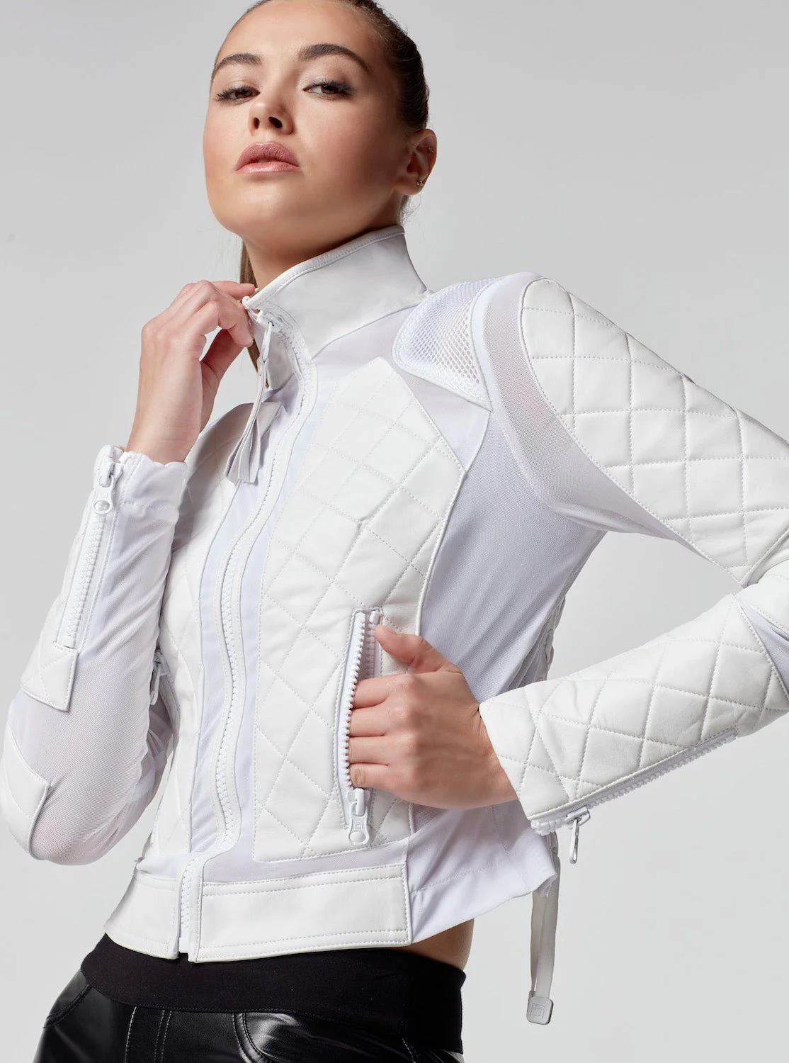 Genuine Classic Leather Mesh Moto Jacket with Lace Up Back - White - Image 6