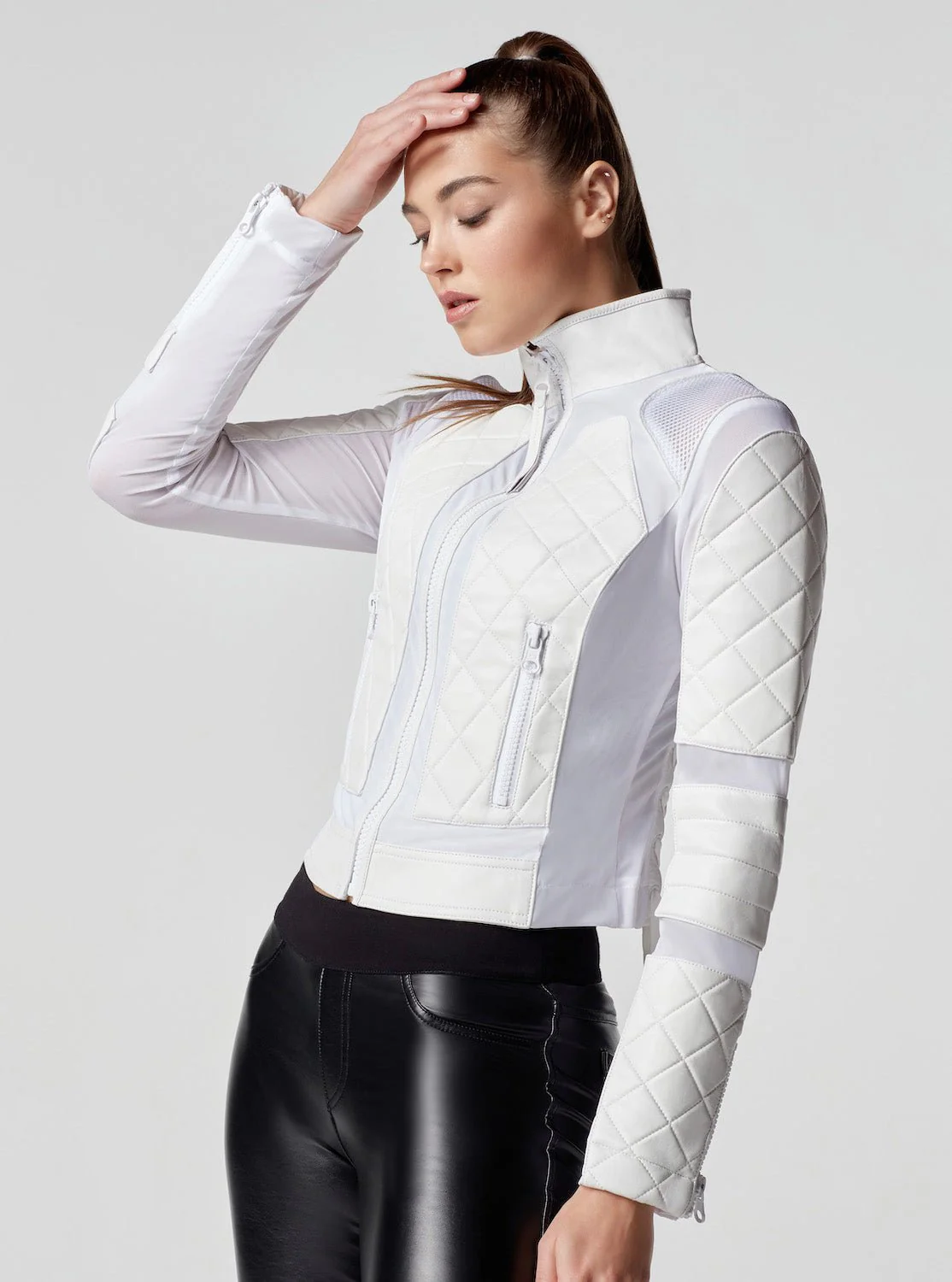 Genuine Classic Leather Mesh Moto Jacket with Lace Up Back - White - Image 7