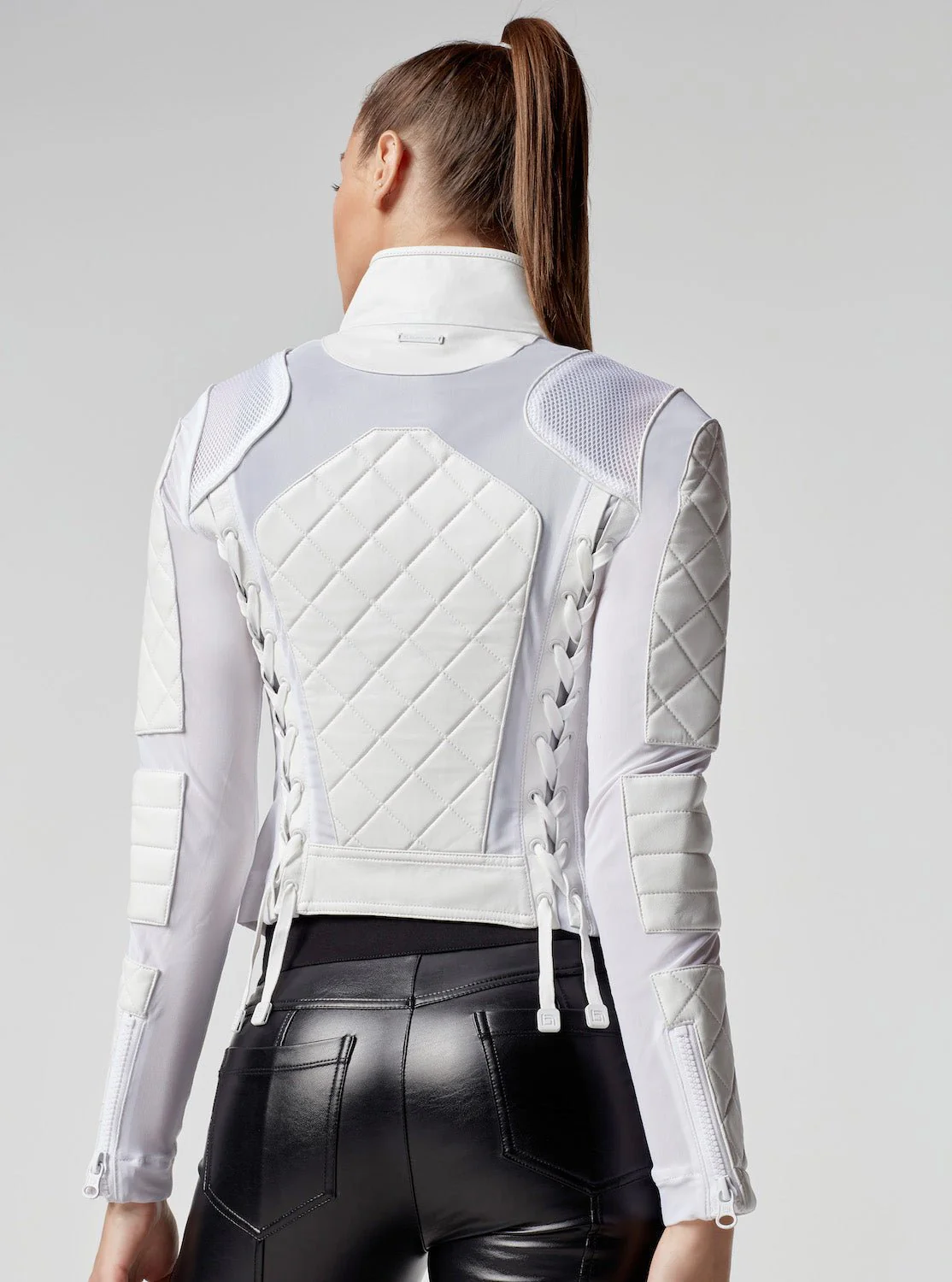 Genuine Classic Leather Mesh Moto Jacket with Lace Up Back - White - Image 8