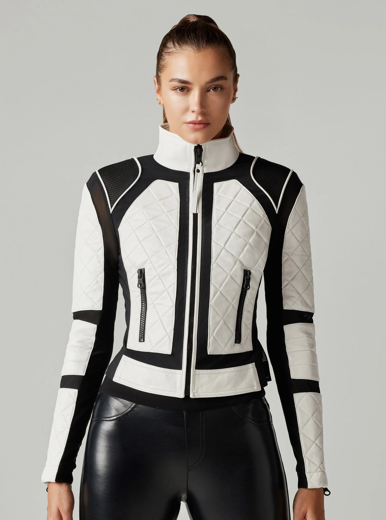 Genuine Leather Mesh Moto Jacket Black/White Colorblock w/Lace Up Back - Image 3