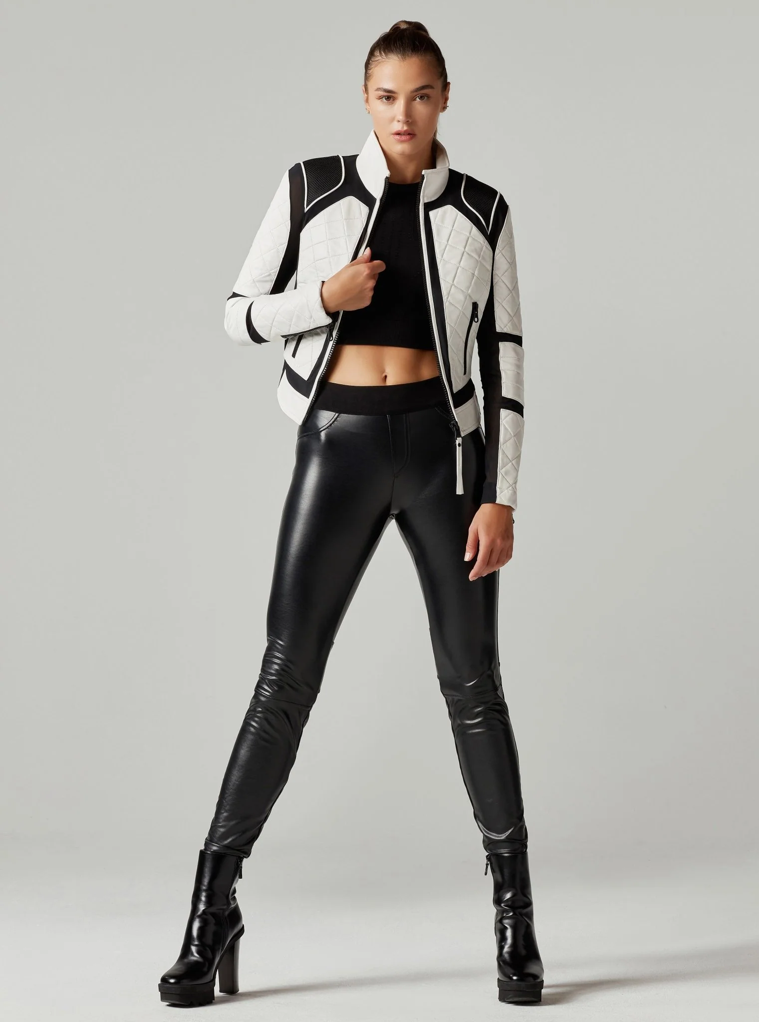 Genuine Leather Mesh Moto Jacket Black/White Colorblock w/Lace Up Back - Image 4