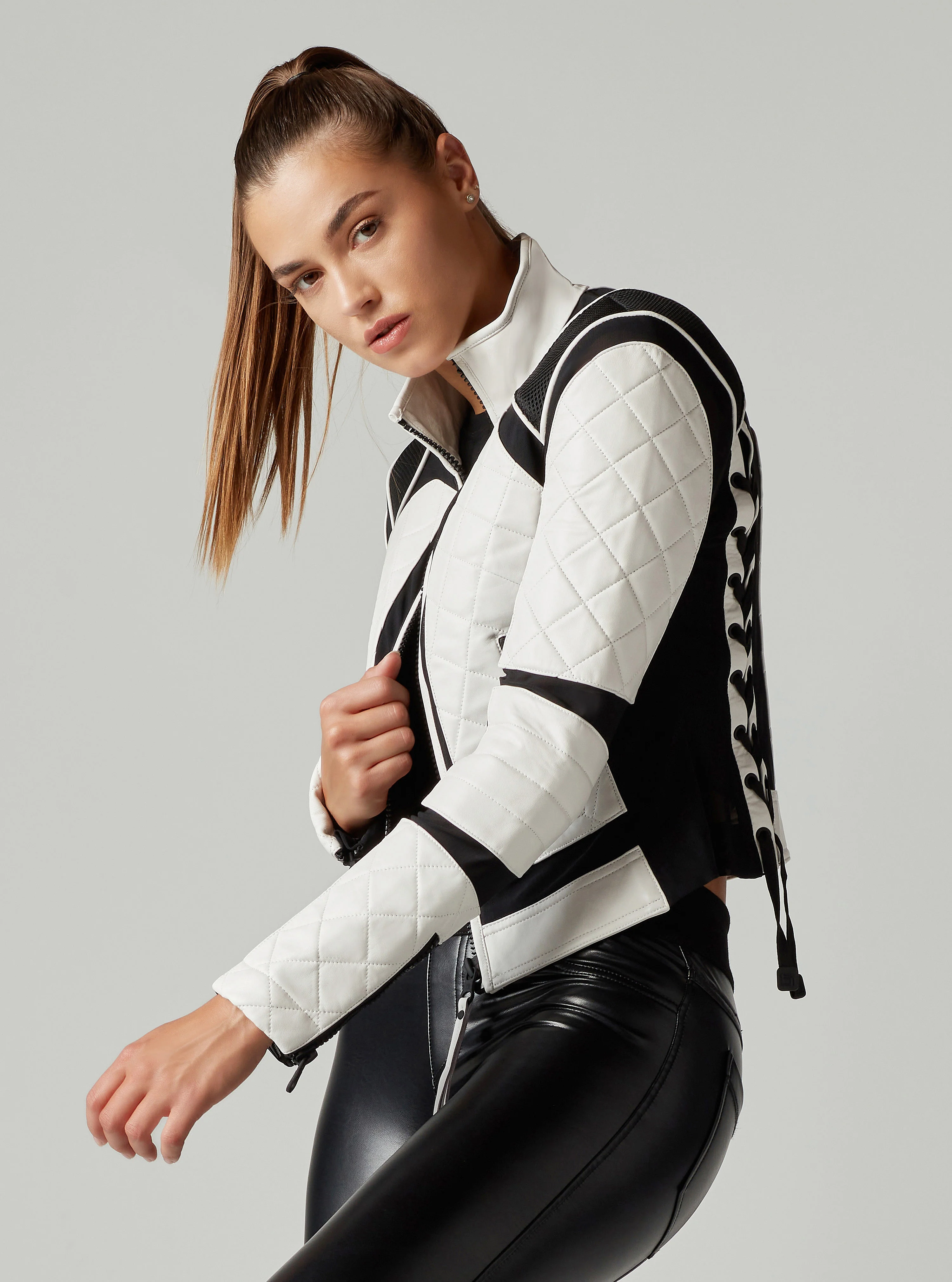 Genuine Leather Mesh Moto Jacket Black/White Colorblock w/Lace Up Back - Image 5