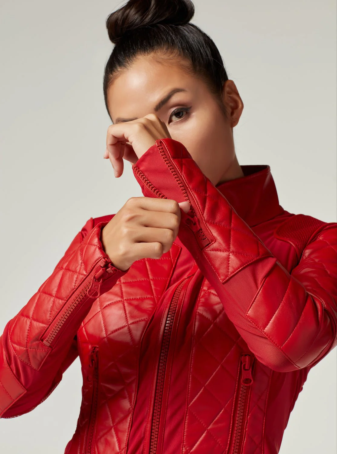 Genuine Leather Panel Classic Leather Mesh Moto Jacket - Haute Red with Lace Up Back - Image 10