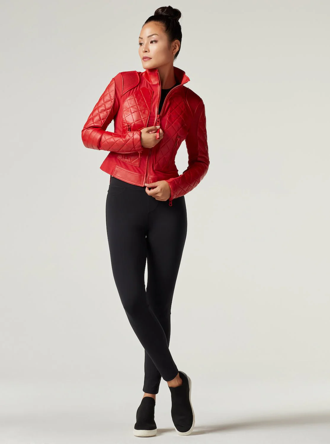 Genuine Leather Panel Classic Leather Mesh Moto Jacket - Haute Red with Lace Up Back - Image 11