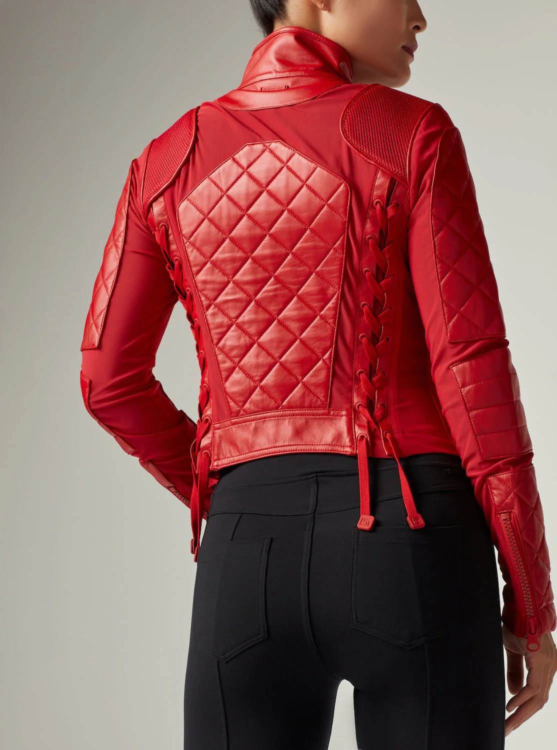 Genuine Leather Panel Classic Leather Mesh Moto Jacket - Haute Red with Lace Up Back - Image 4