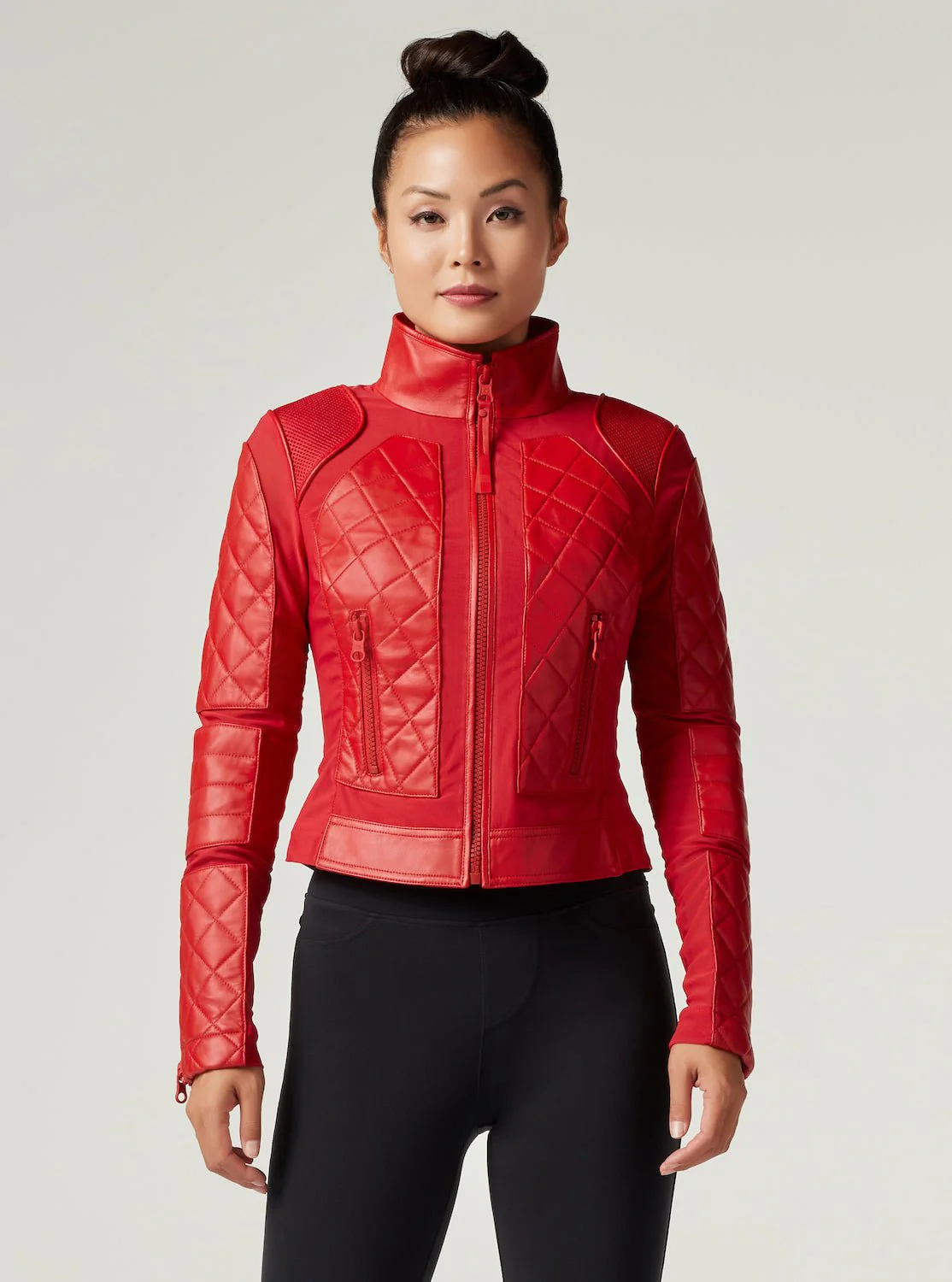 Genuine Leather Panel Classic Leather Mesh Moto Jacket - Haute Red with Lace Up Back - Image 5