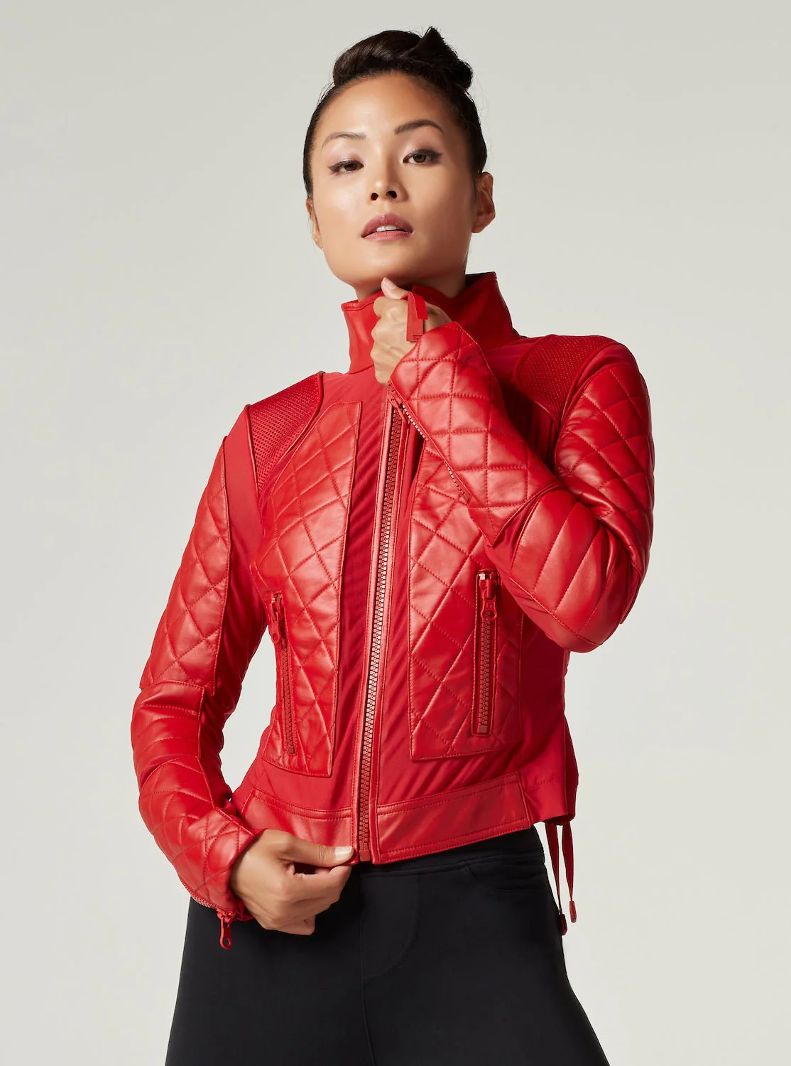 Genuine Leather Panel Classic Leather Mesh Moto Jacket - Haute Red with Lace Up Back - Image 6