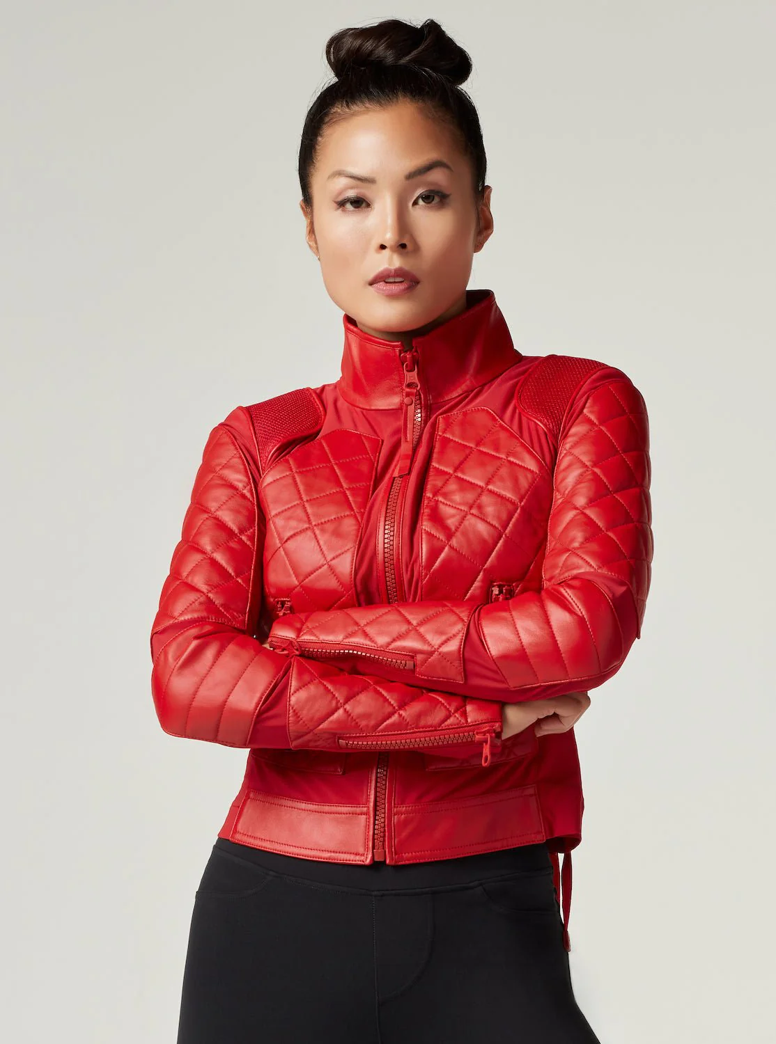 Genuine Leather Panel Classic Leather Mesh Moto Jacket - Haute Red with Lace Up Back - Image 7