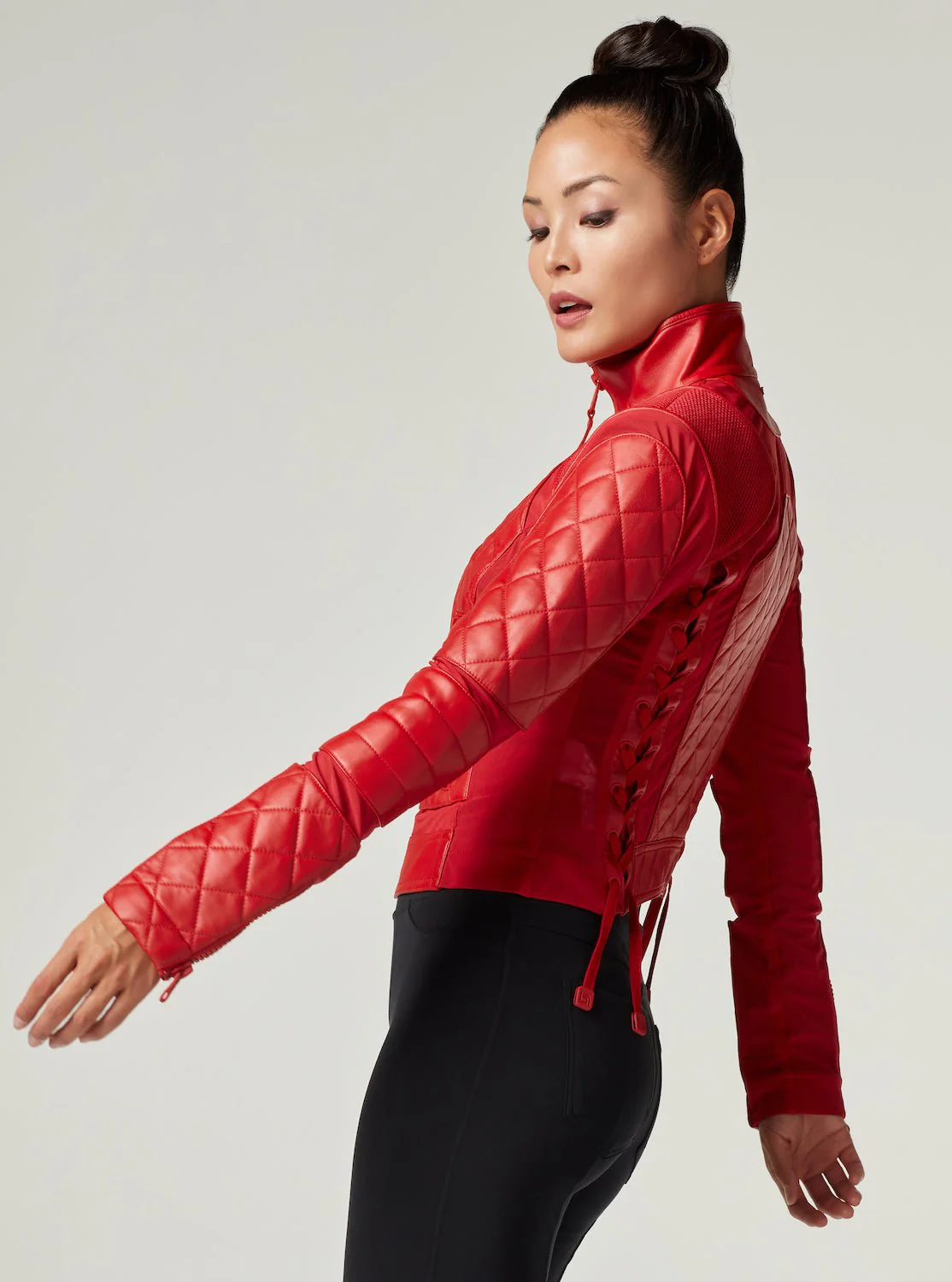 Genuine Leather Panel Classic Leather Mesh Moto Jacket - Haute Red with Lace Up Back - Image 9