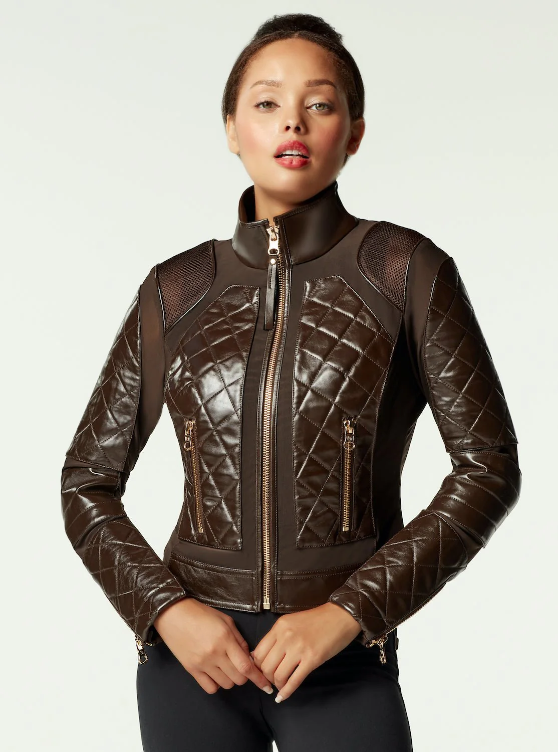 Leather Moto Mesh Jacket - Brown/Gold Trims - Image 3