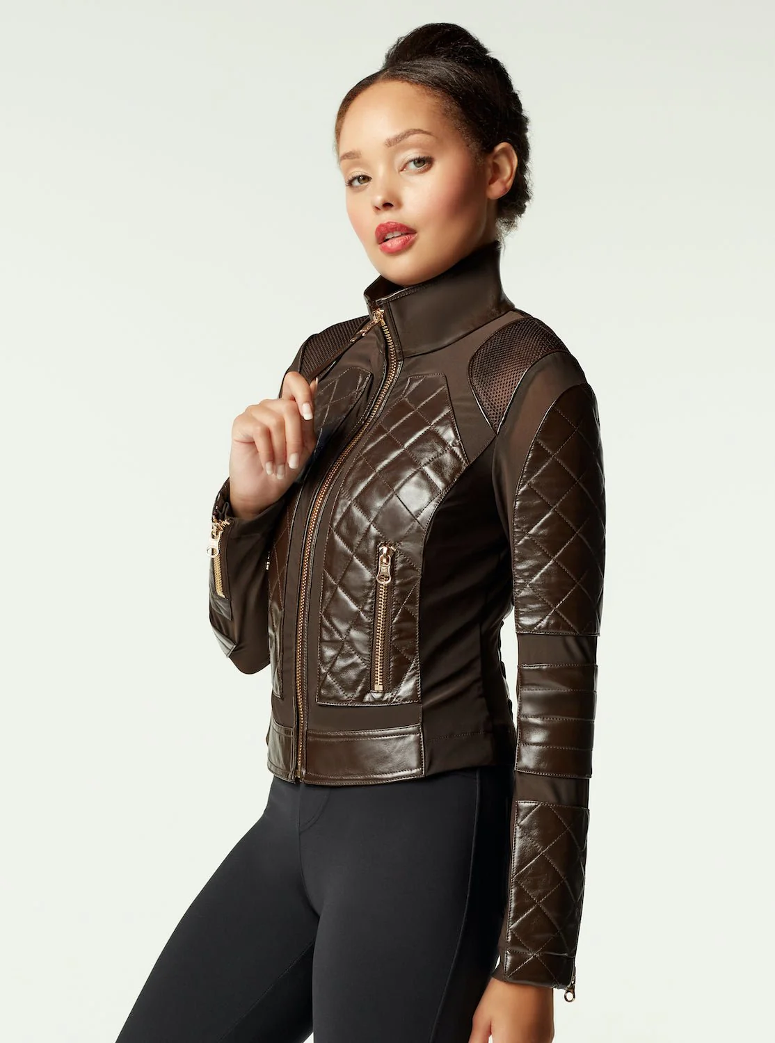 Leather Moto Mesh Jacket - Brown/Gold Trims - Image 4
