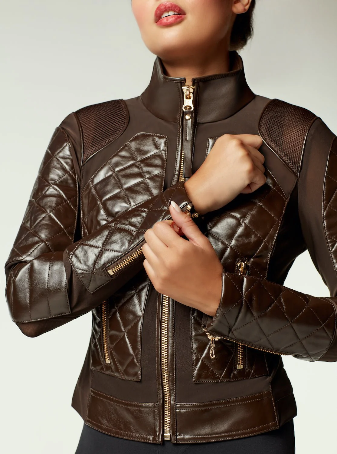 Leather Moto Mesh Jacket - Brown/Gold Trims - Image 5