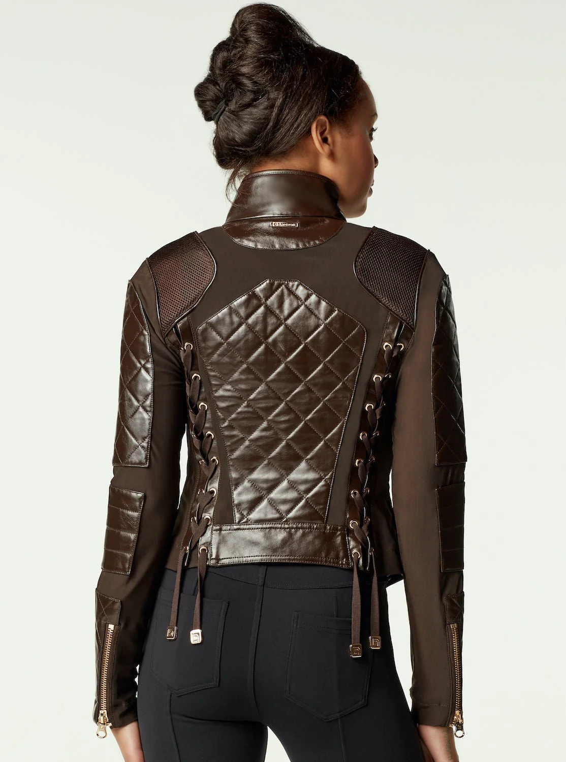 Leather Moto Mesh Jacket - Brown/Gold Trims - Image 6