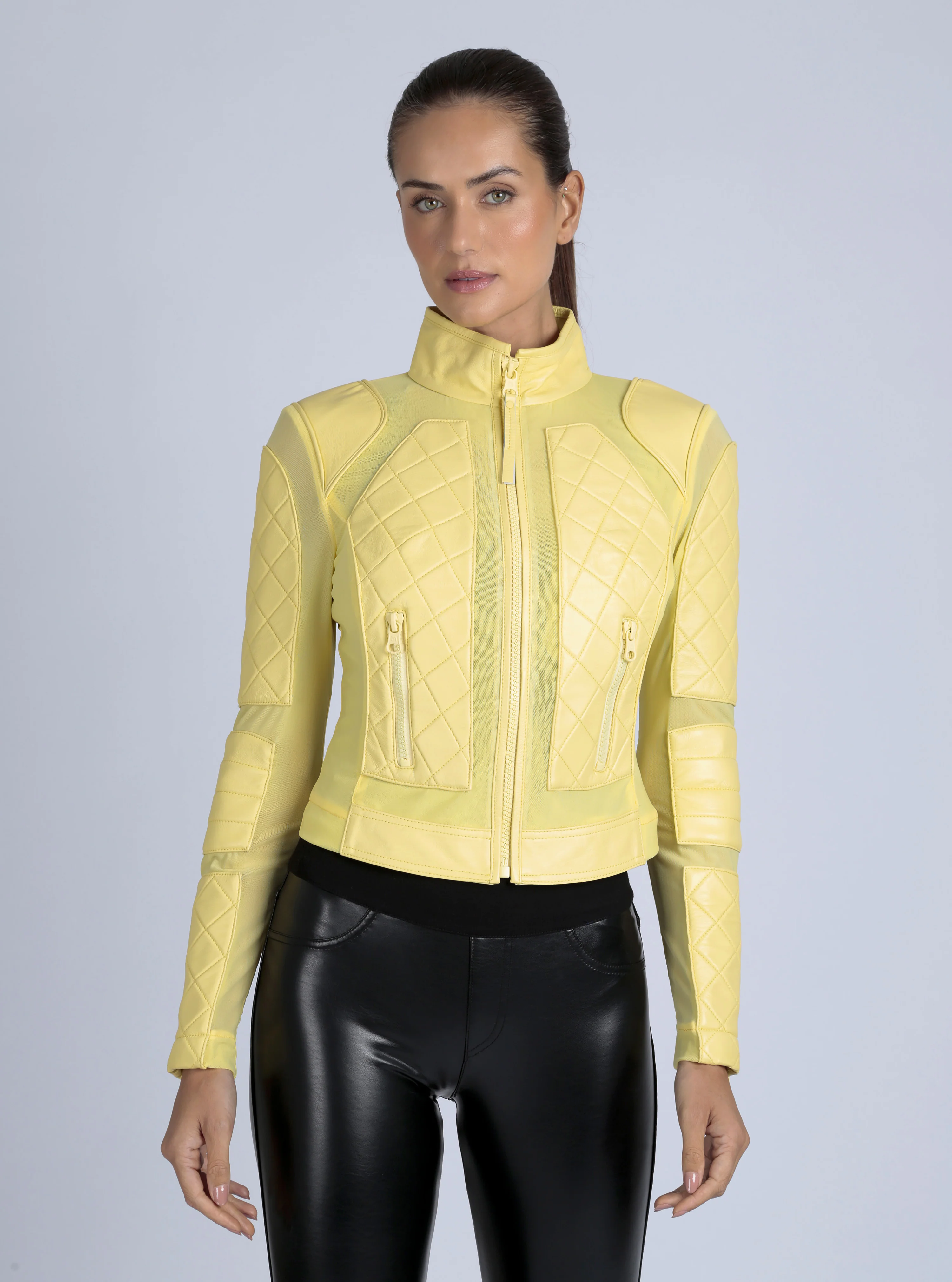 Leather Moto Mesh Jacket - Pale Banana - Image 3