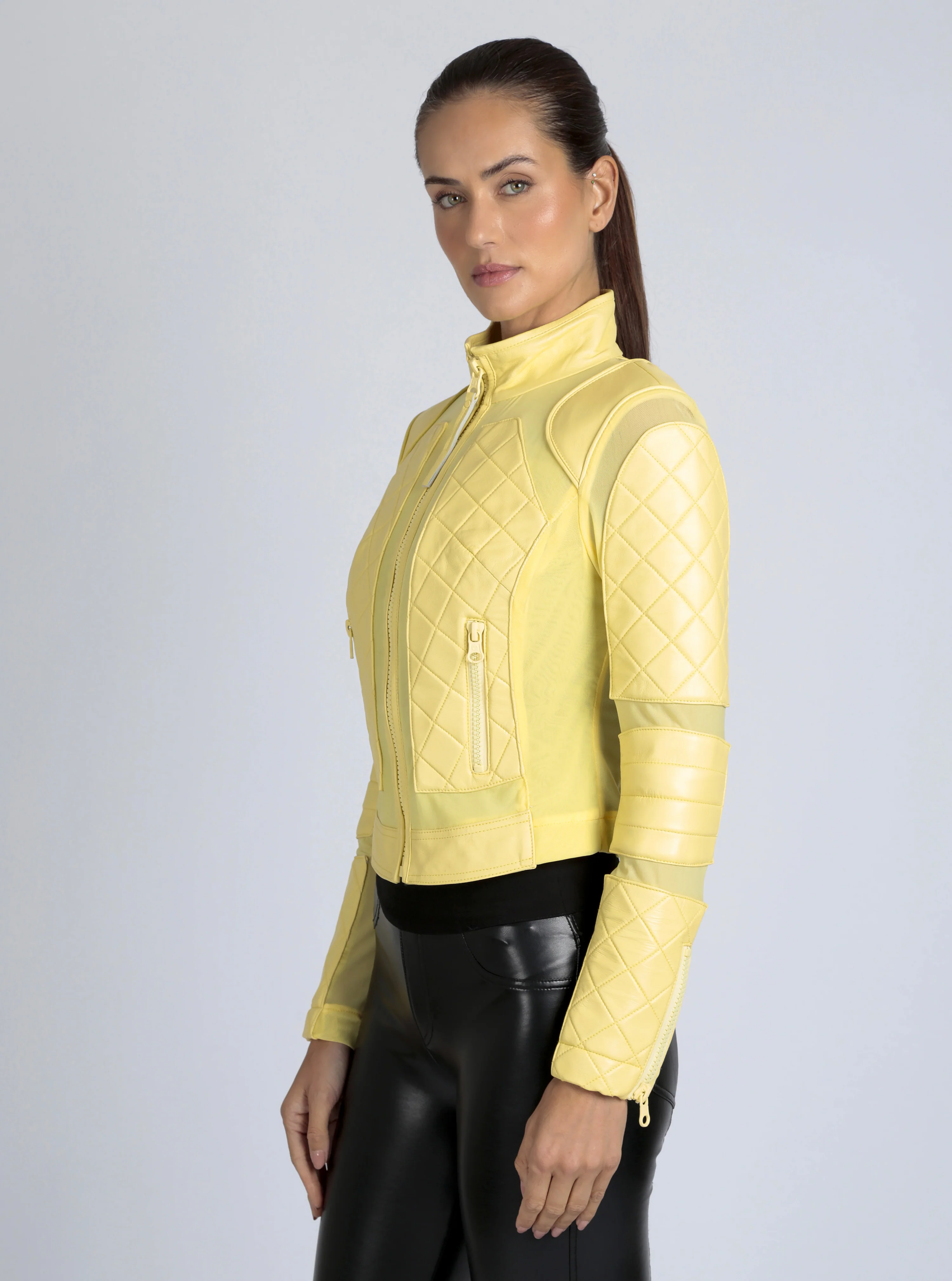 Leather Moto Mesh Jacket - Pale Banana - Image 5
