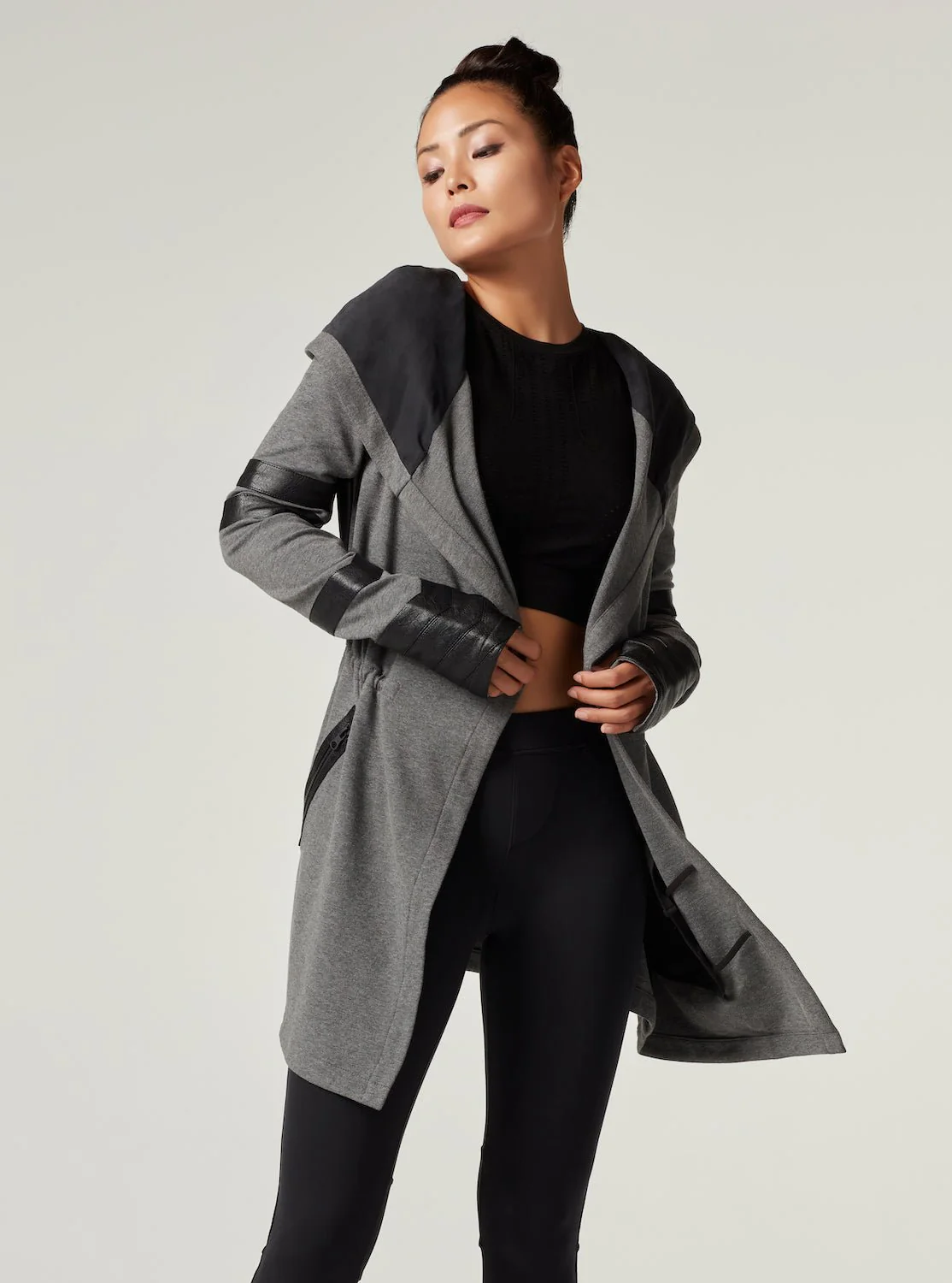 Maitri Stretch Wrap Traveler Jacket with Silk Lined Hood and Vegan Leather Details - Grey - Image 10