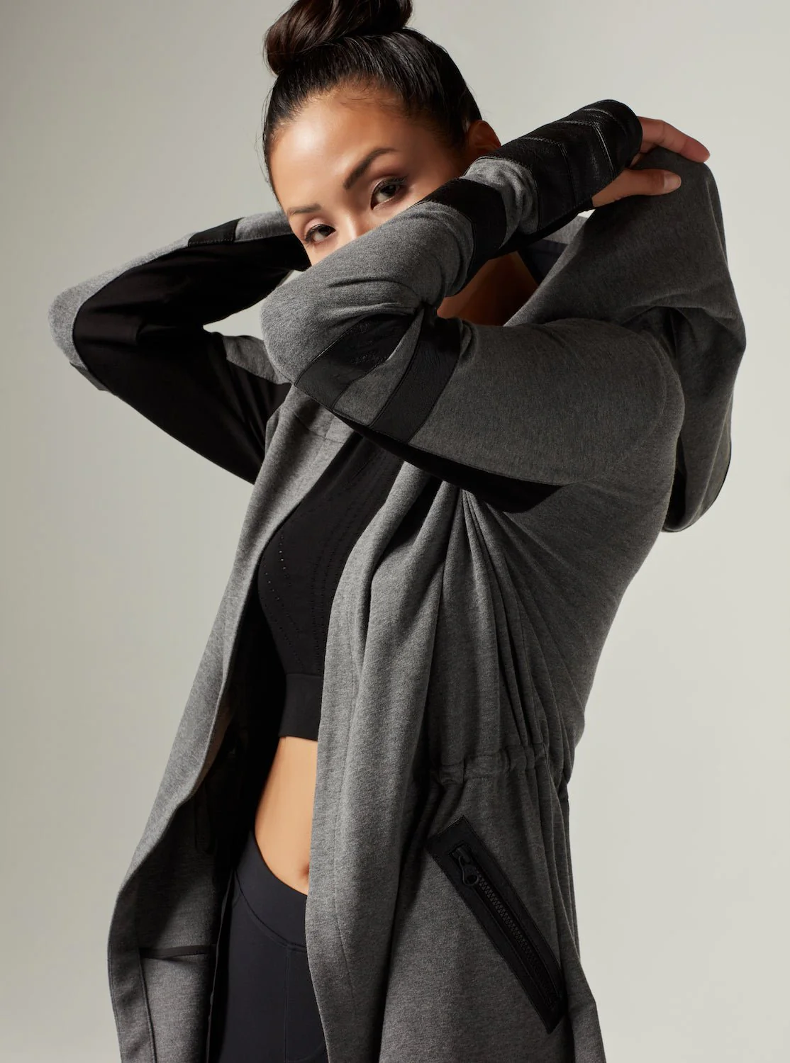 Maitri Stretch Wrap Traveler Jacket with Silk Lined Hood and Vegan Leather Details - Grey - Image 3