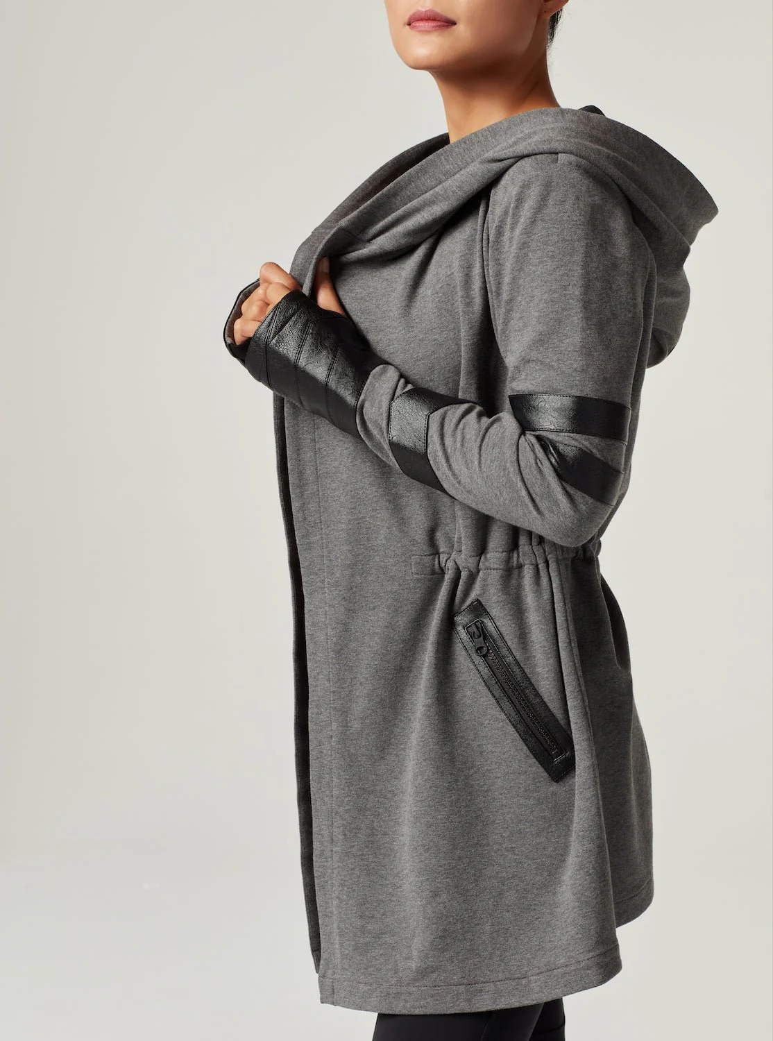 Maitri Stretch Wrap Traveler Jacket with Silk Lined Hood and Vegan Leather Details - Grey - Image 4