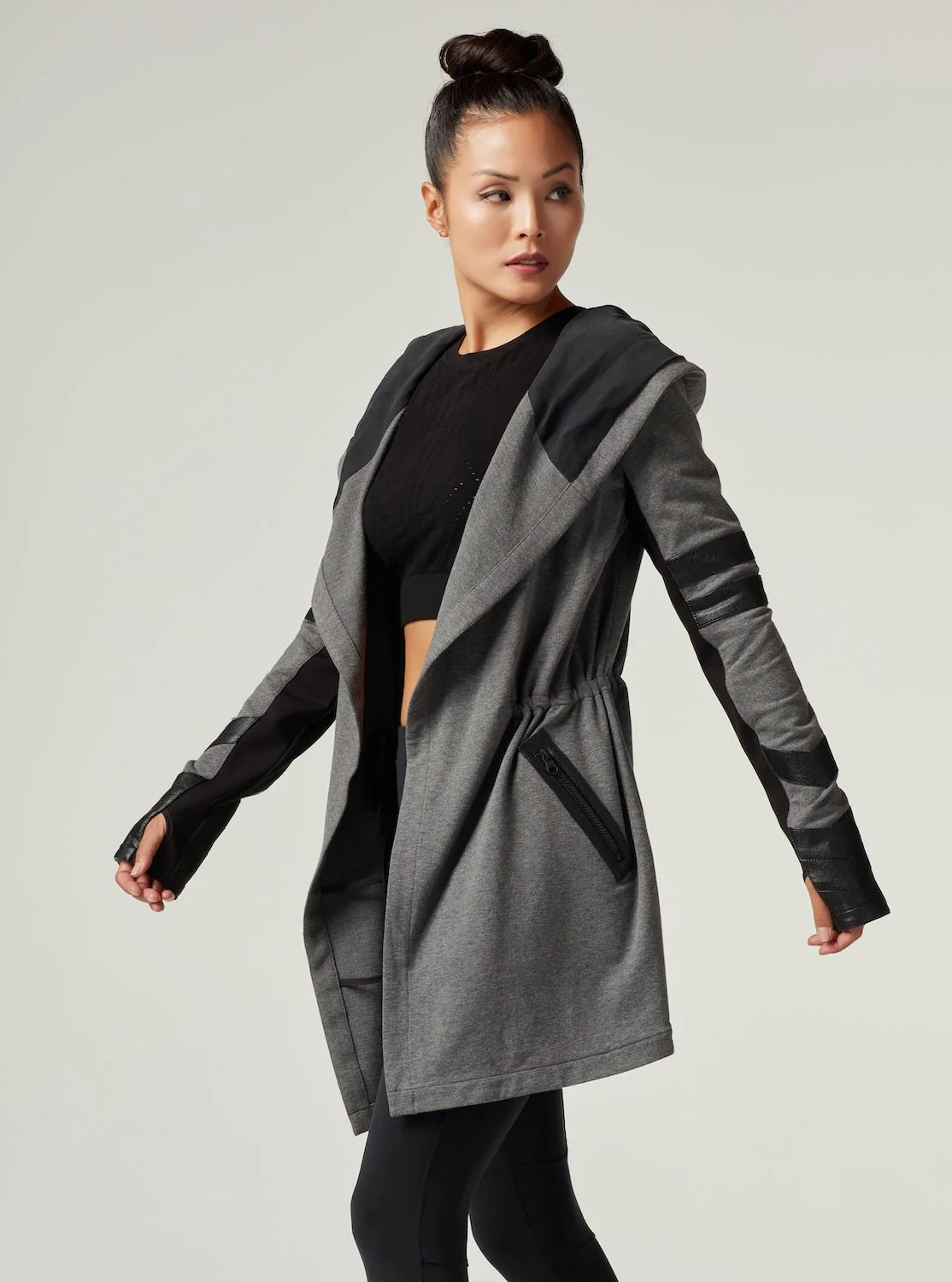 Maitri Stretch Wrap Traveler Jacket with Silk Lined Hood and Vegan Leather Details - Grey - Image 7
