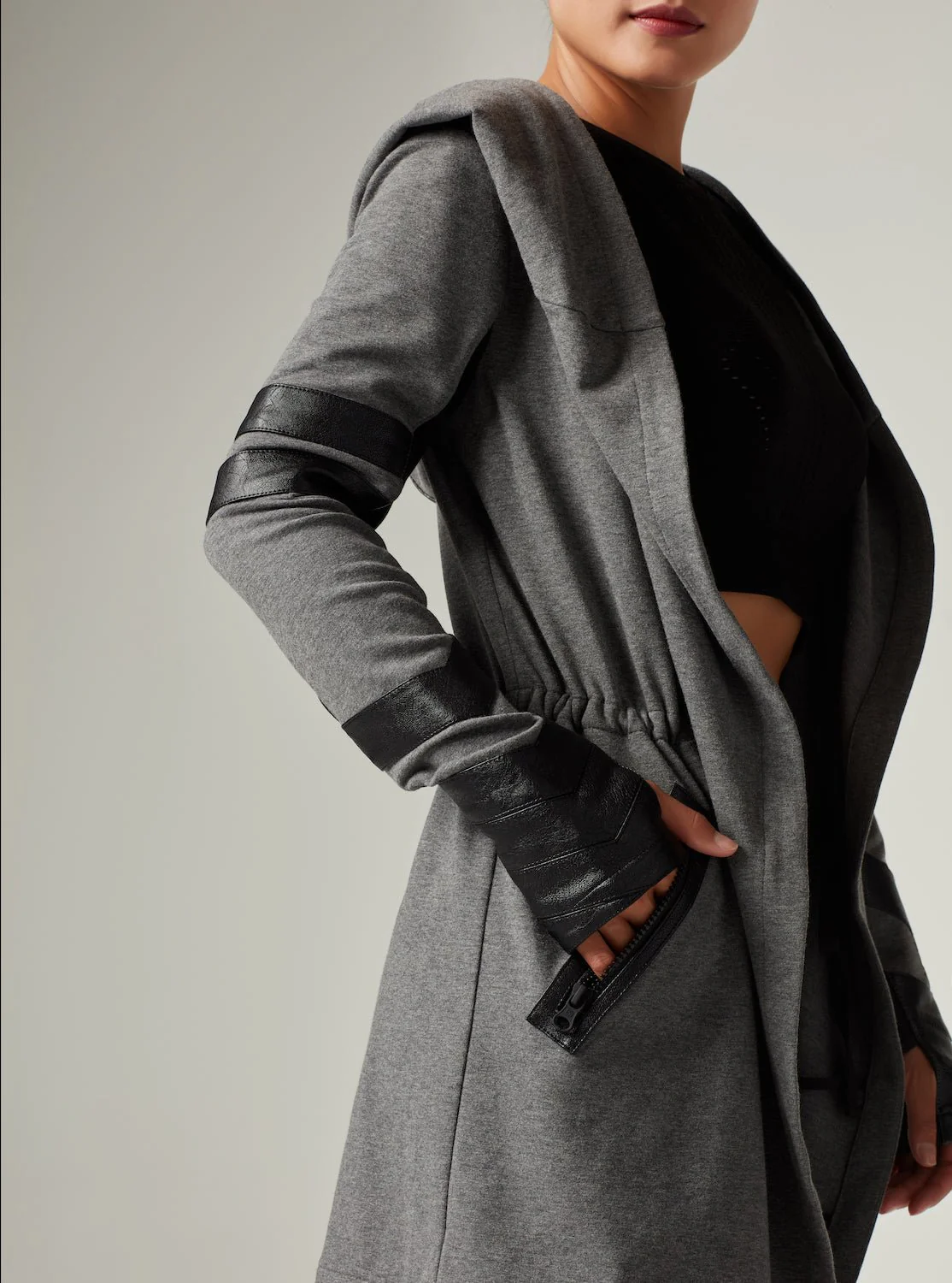 Maitri Stretch Wrap Traveler Jacket with Silk Lined Hood and Vegan Leather Details - Grey - Image 8