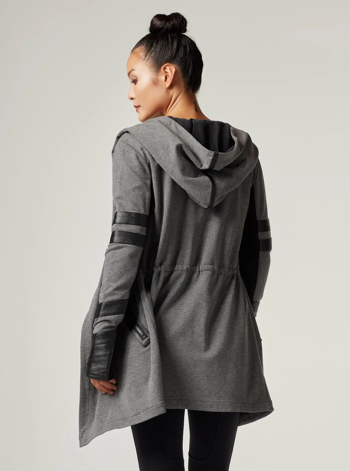 Maitri Stretch Wrap Traveler Jacket with Silk Lined Hood and Vegan Leather Details - Grey - Image 9