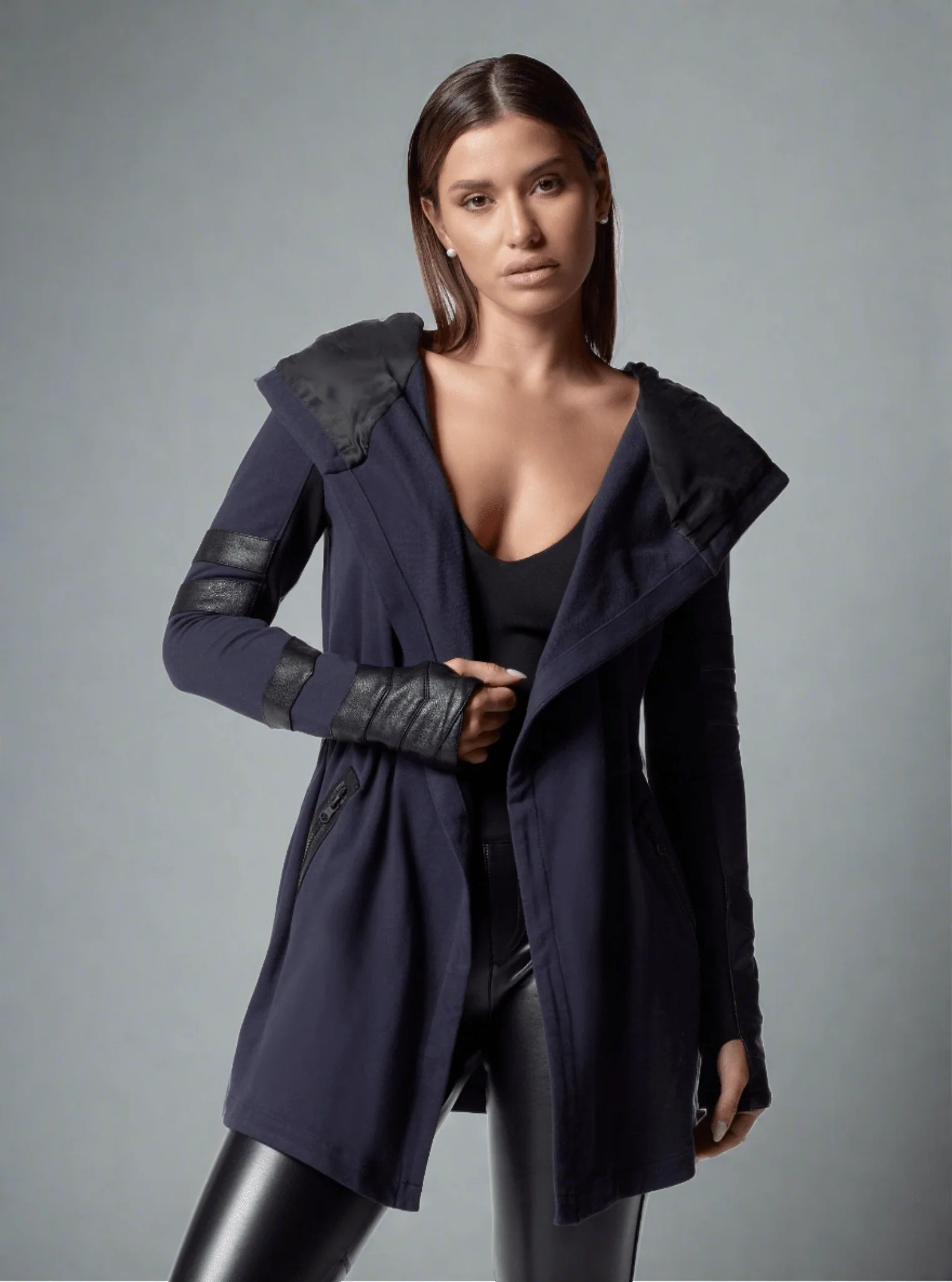 Maitri Stretch Wrap Traveler Jacket - with Silk Lined Hood and Vegan Leather Details Limited Edition Patriot Blue - Image 3