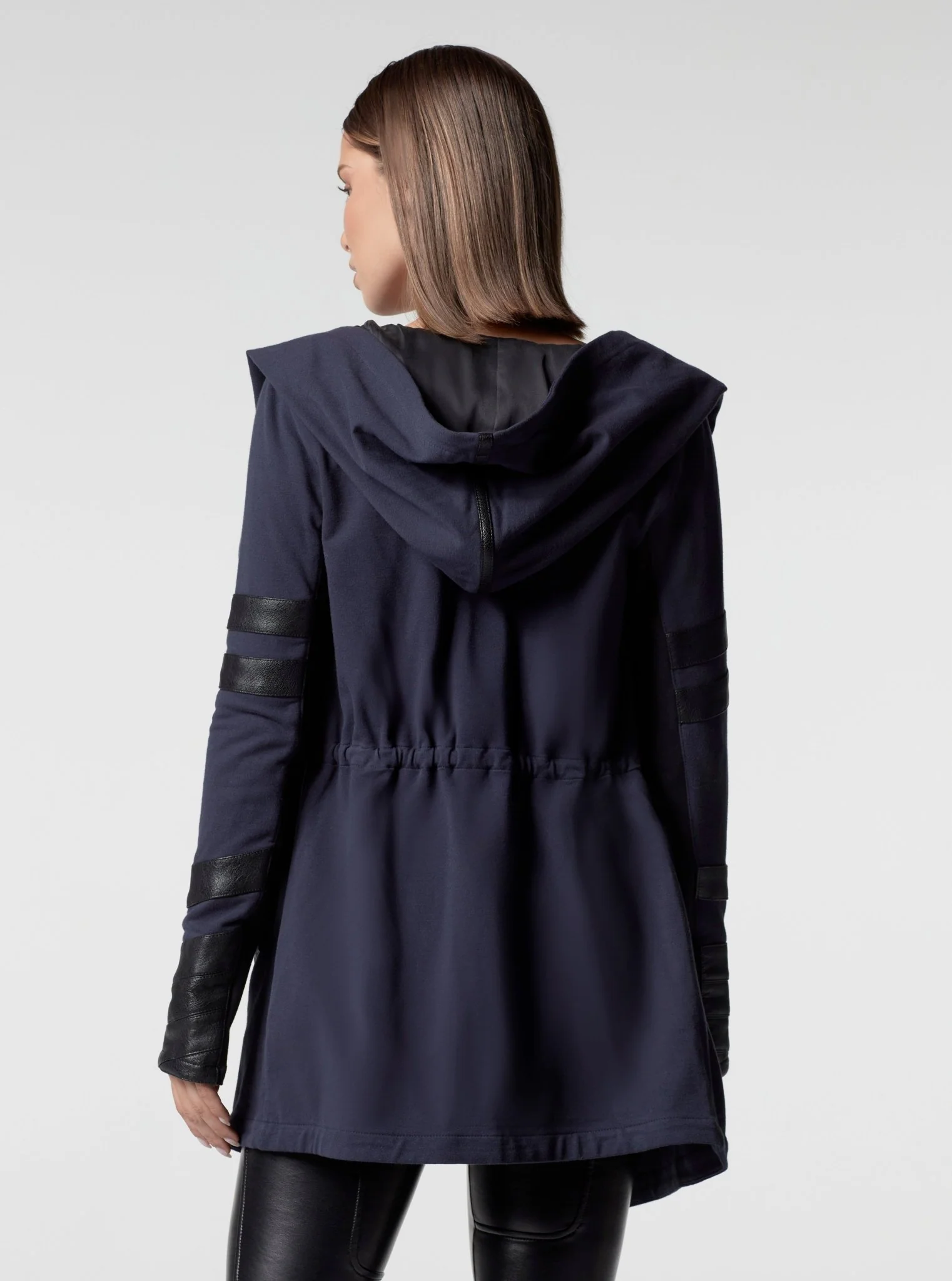 Maitri Stretch Wrap Traveler Jacket - with Silk Lined Hood and Vegan Leather Details Limited Edition Patriot Blue - Image 4