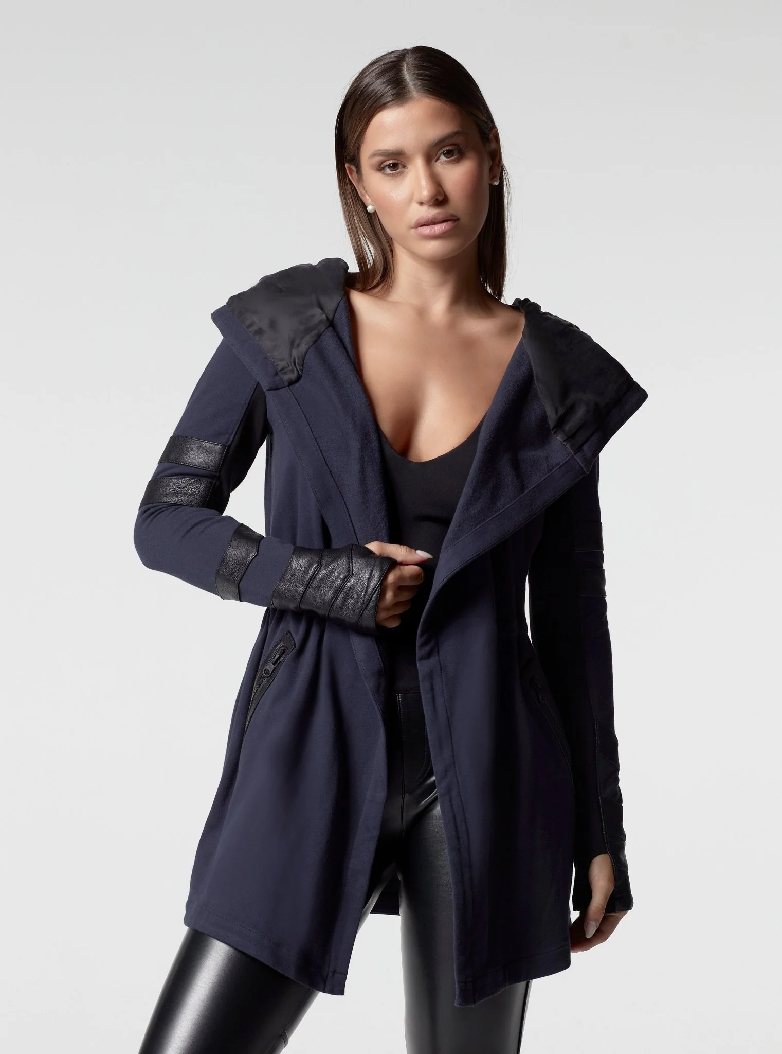 Maitri Stretch Wrap Traveler Jacket - with Silk Lined Hood and Vegan Leather Details Limited Edition Patriot Blue - Image 5