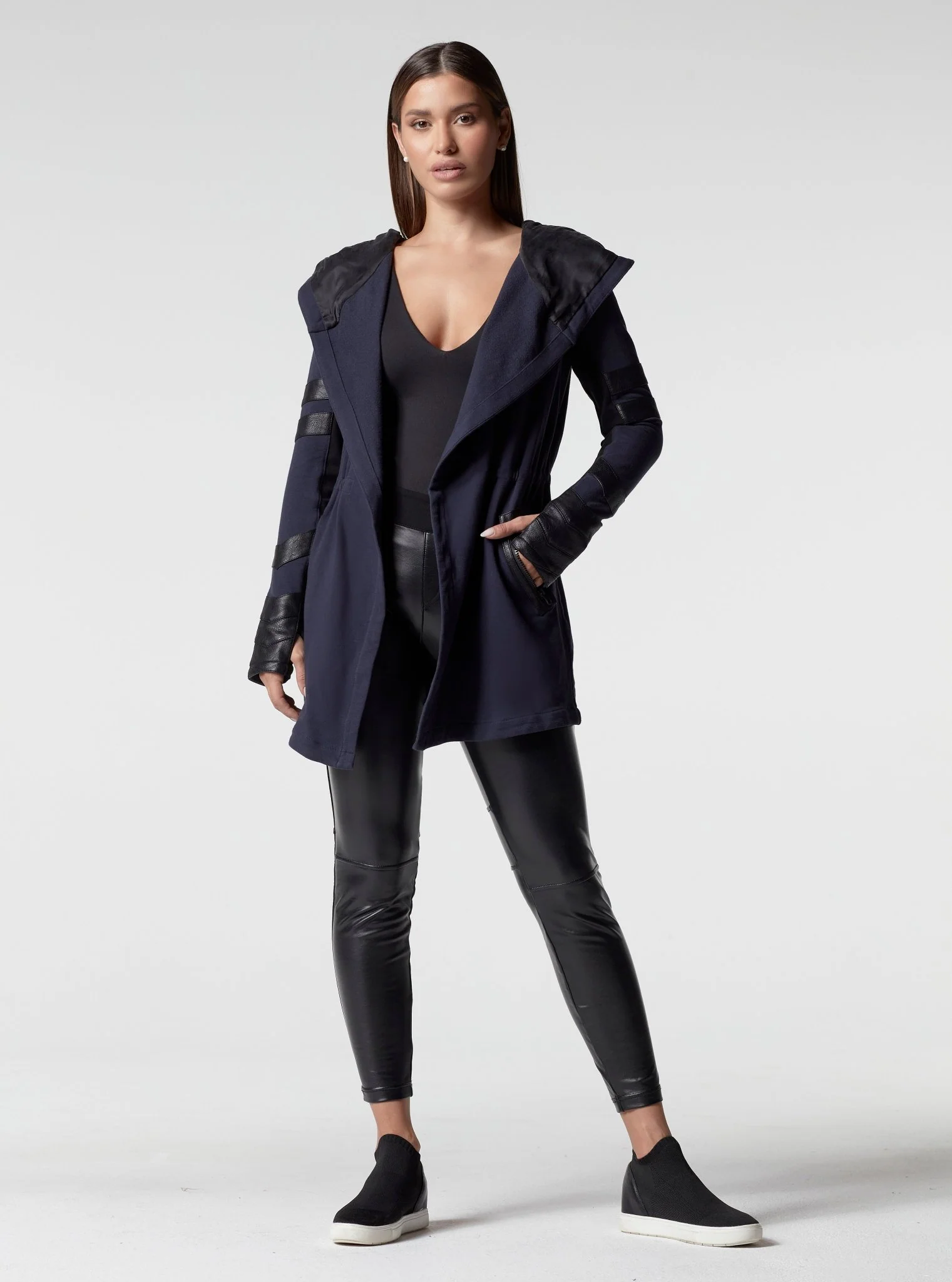 Maitri Stretch Wrap Traveler Jacket - with Silk Lined Hood and Vegan Leather Details Limited Edition Patriot Blue - Image 6